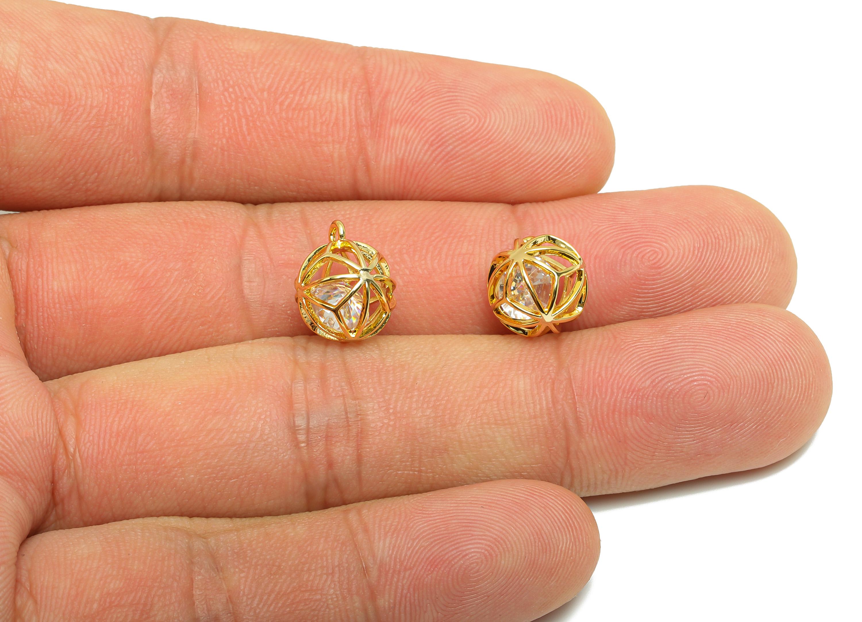 Brass Ball Earring Charm - Gold Round Hollow Charm for Bracelet - Zircon Pendant with Loop - 18K Real Gold Plating - 12x10x10mm - RGP8865 - DOMEDBAZAAR
