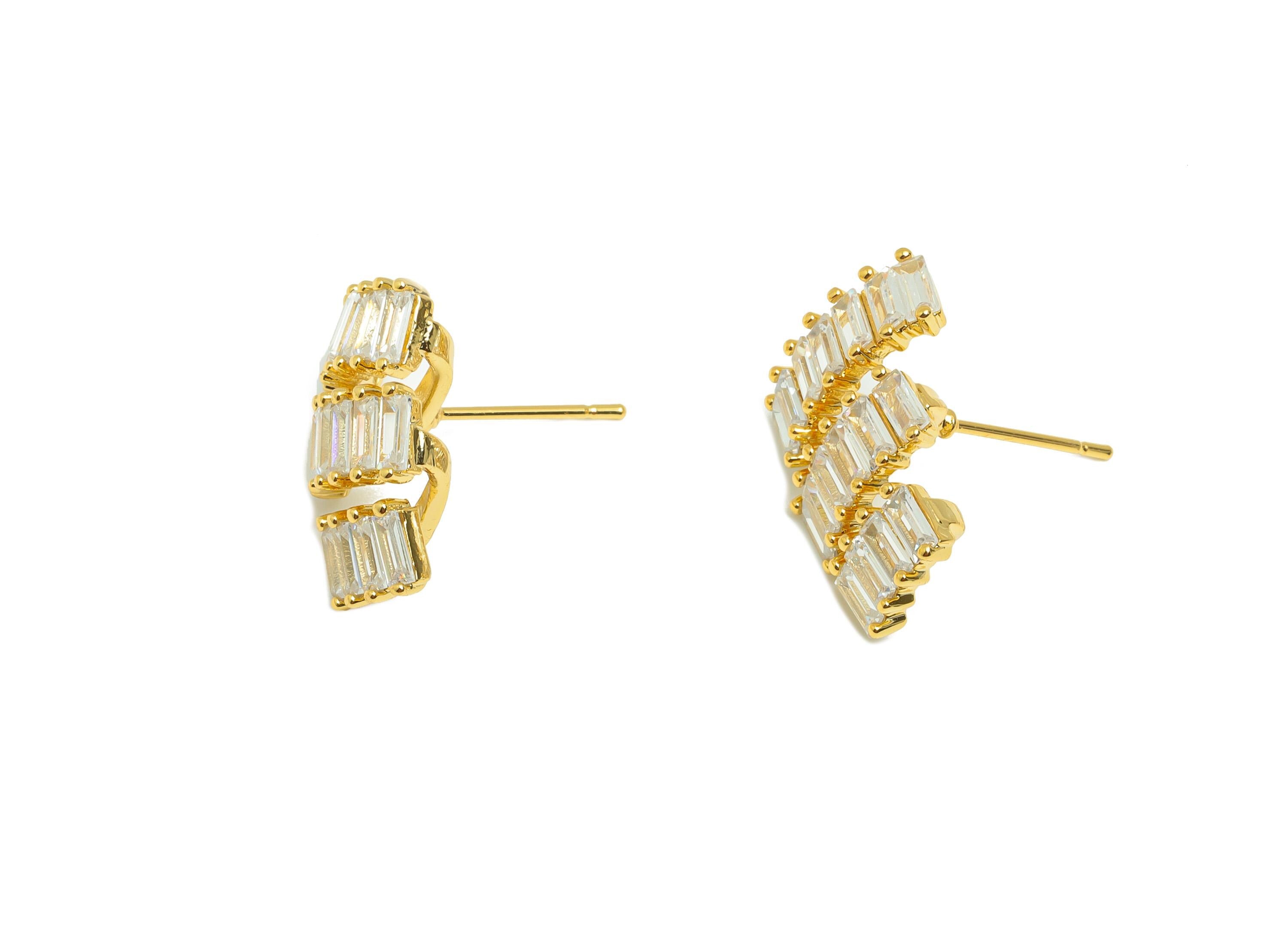 Gold Zircon Wave Earring - Baguette Diamond Earring Post - Brass Geometric Jewelry Earring - 18K Real Gold Plated- 18.1x15.7x6.34mm- RGP8867 - DOMEDBAZAAR