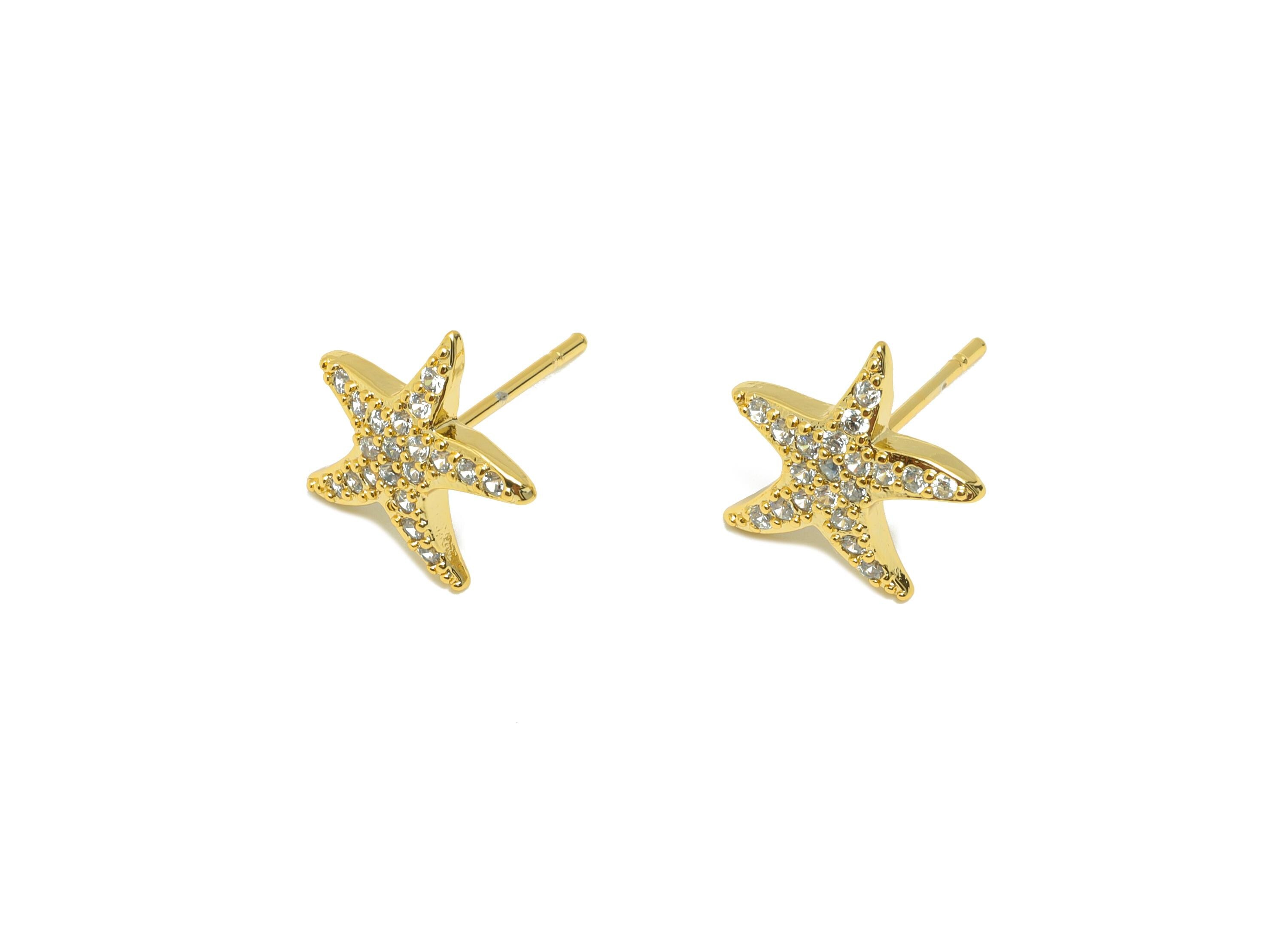 Gold Zircon Starfish Earring - Elegant Stud Ear - Brass Ideal Accessory for Beach Lovers - 18K Real Gold Plating - 13.3x10.3x2.15mm- RGP8869 - DOMEDBAZAAR