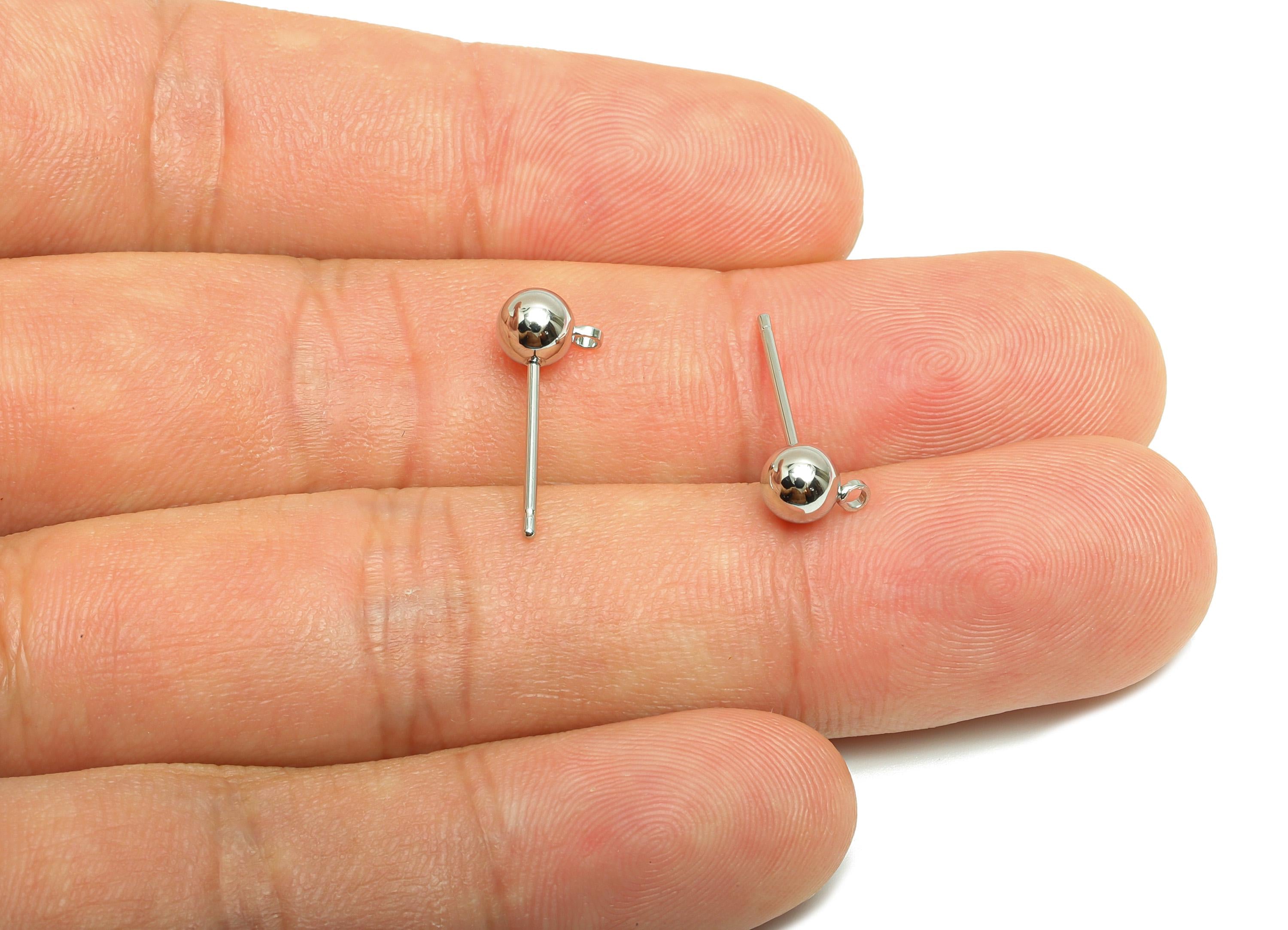 Brass Earring Stud - Brass Craft Component Stud - Brass Ball Earring With Loop - 18K Real White Gold Plating - 6.83x4.95x4.95mm - RGP10217-5 - DOMEDBAZAAR