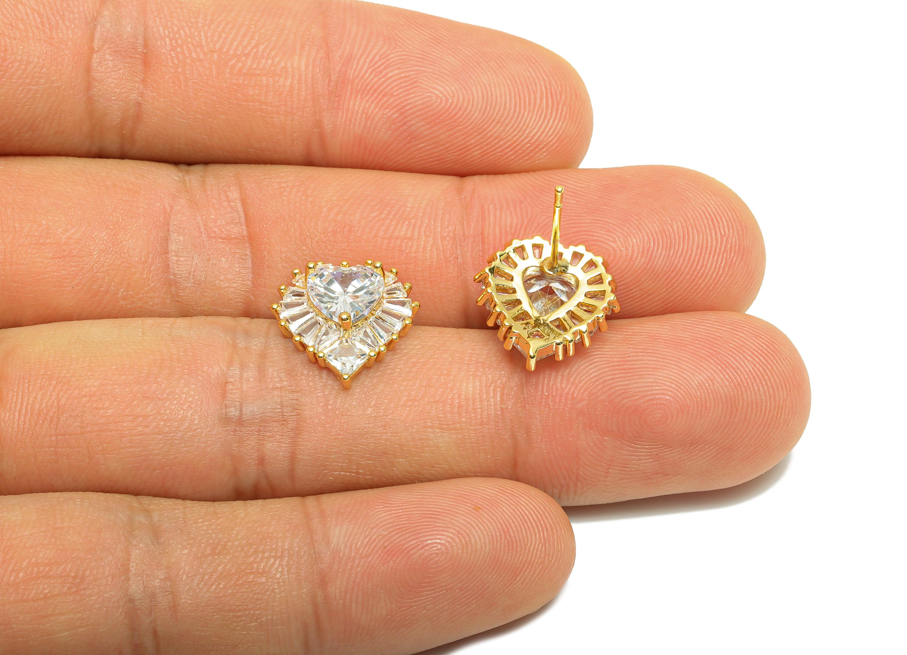 Brass Heart Zircon Earring - Gold Romantic Earring Post for Women - Valentine&#39;s Day Earring - 18K Real Gold Plated - 16.5x14x5.04mm -RGP8873 - DOMEDBAZAAR