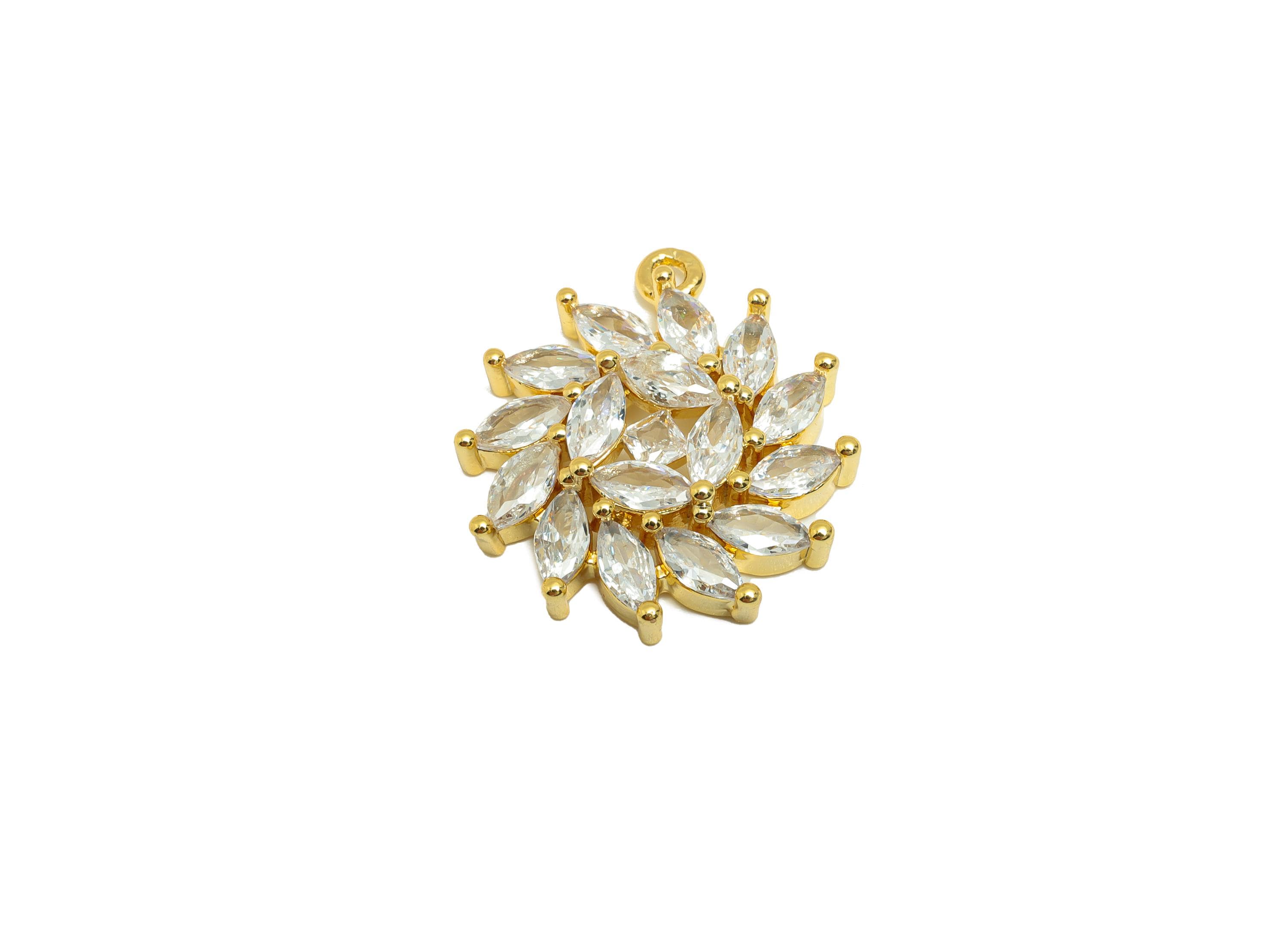 Gold Floral Pendant - Brass Round Charm with Marquise-Cut Zircon - Spiral Jewelry Necklace - 18K Real Gold Plating - 20x18.2x4.5mm - RGP8874 - DOMEDBAZAAR