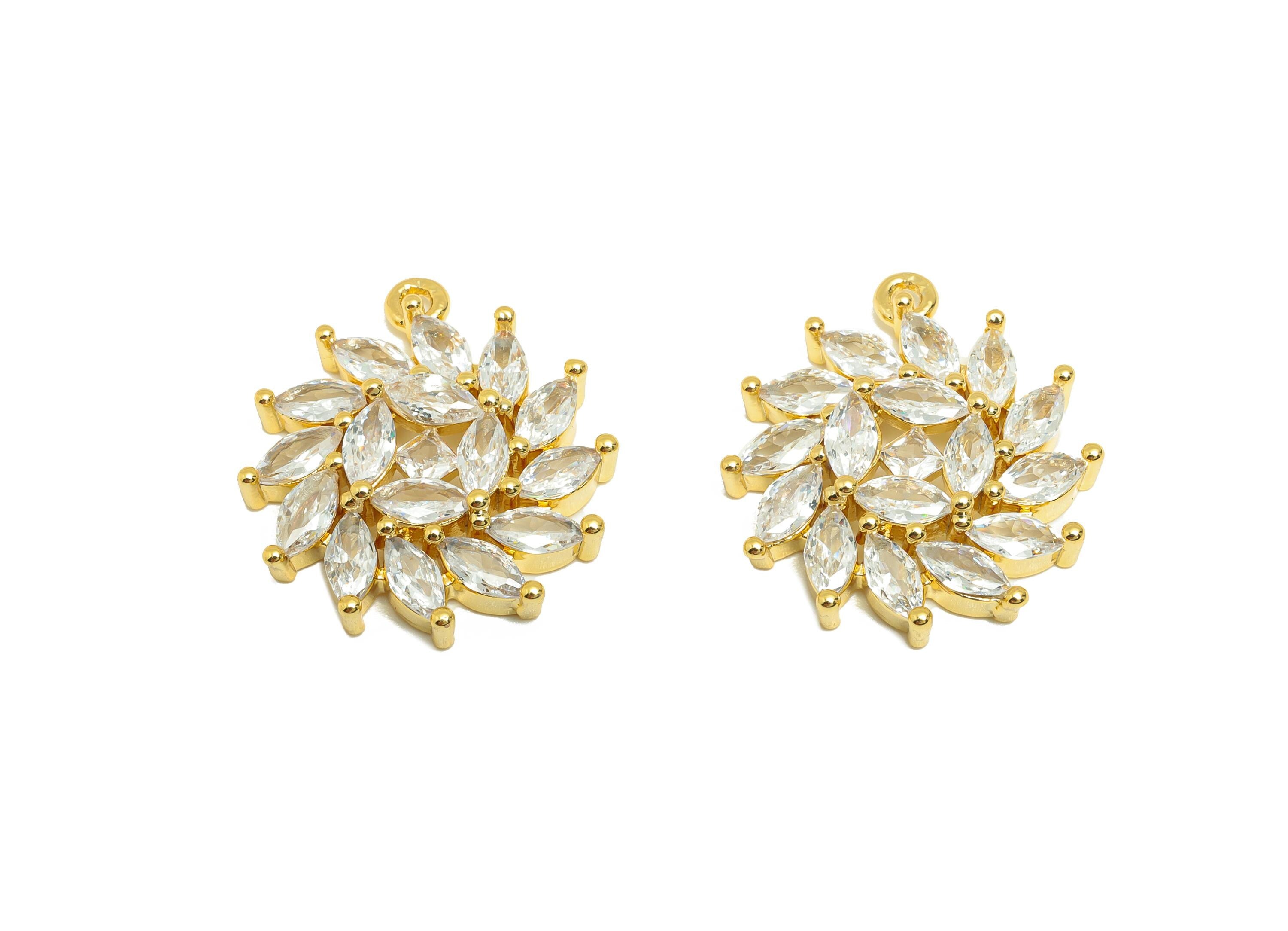Gold Floral Pendant - Brass Round Charm with Marquise-Cut Zircon - Spiral Jewelry Necklace - 18K Real Gold Plating - 20x18.2x4.5mm - RGP8874 - DOMEDBAZAAR