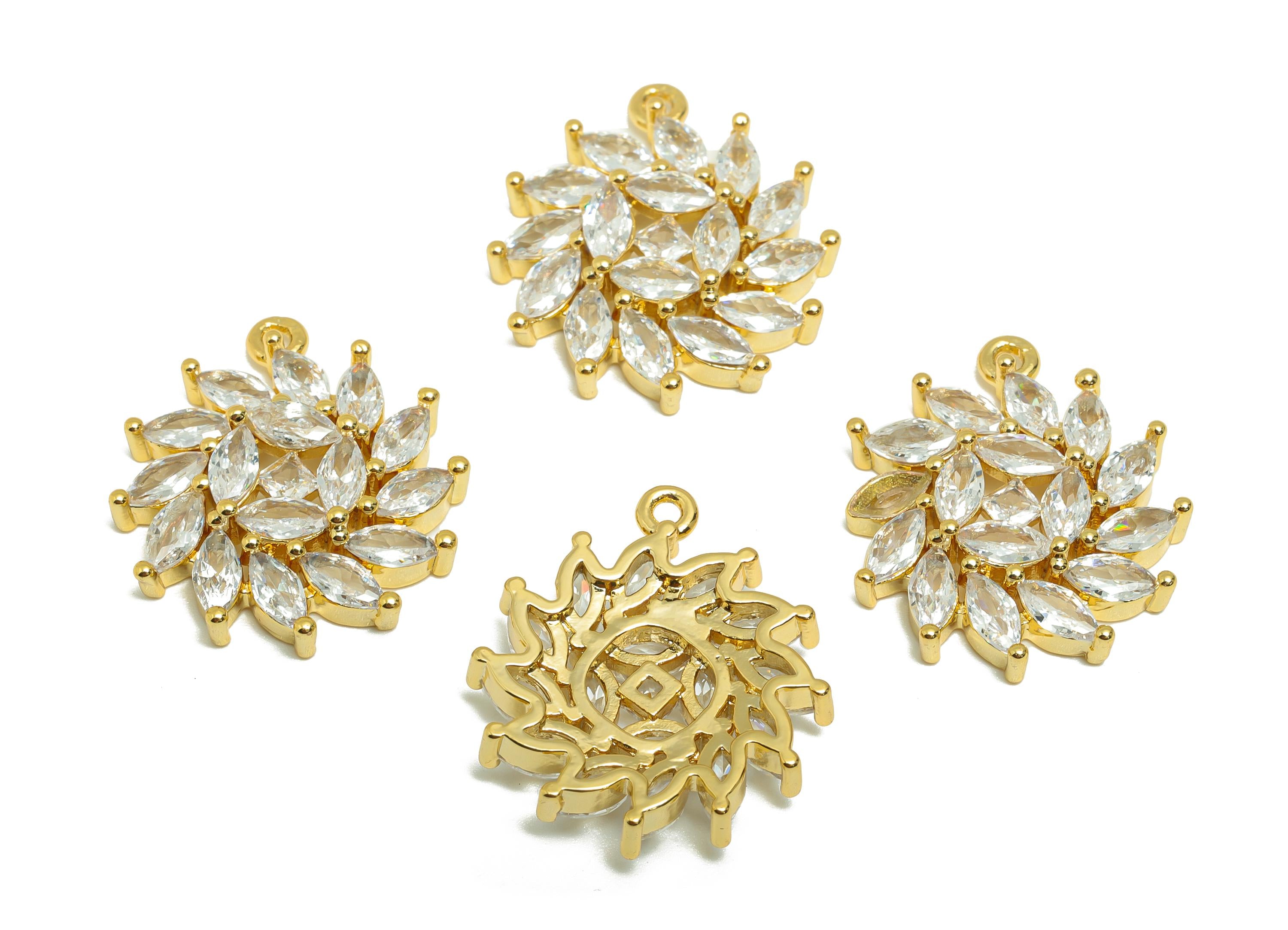 Gold Floral Pendant - Brass Round Charm with Marquise-Cut Zircon - Spiral Jewelry Necklace - 18K Real Gold Plating - 20x18.2x4.5mm - RGP8874 - DOMEDBAZAAR