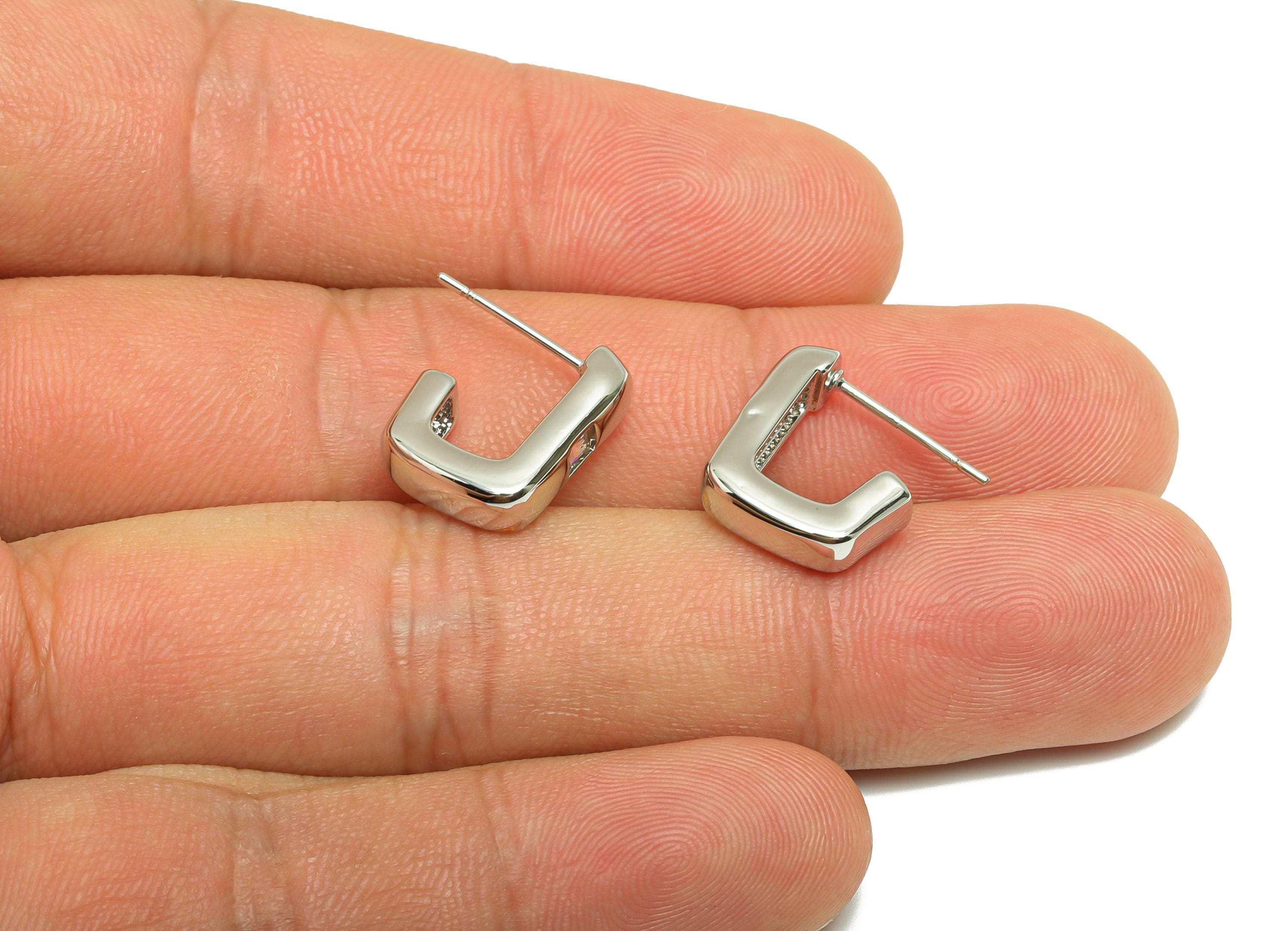 Brass Hoop Earring Stud - Zircon Square Hoop Post - Brass Geometric Chunky Earring - 18k Real White Gold Plated - 14.6x12.47x4mm - RGP10243 - DOMEDBAZAAR