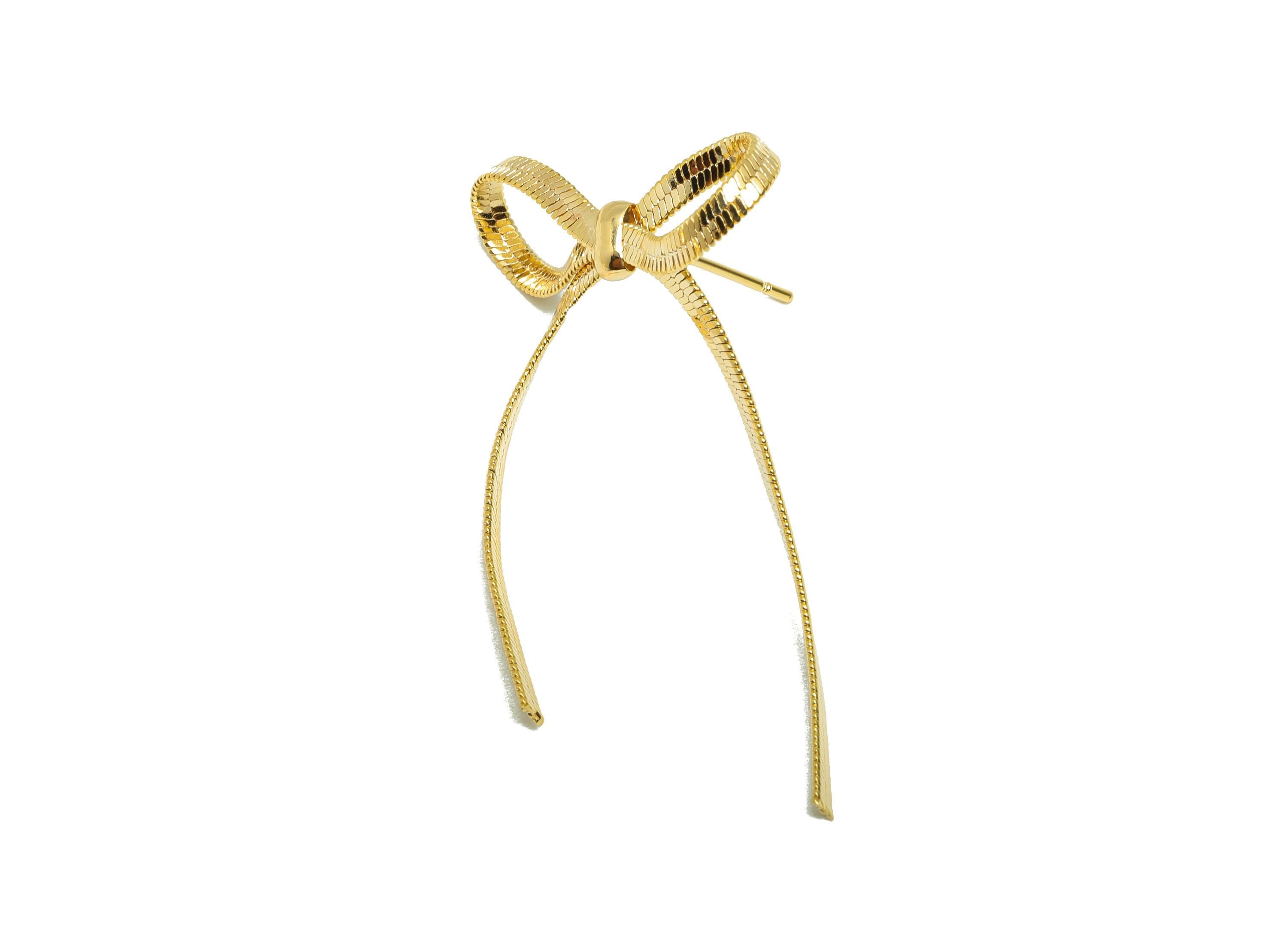 Brass Bow Earring Stud - Brass Chain Bow Earring Post - Brass Ribbon Earring Post - 18k Real Gold Plating - 38x25x3.4mm - RGP10126 - DOMEDBAZAAR