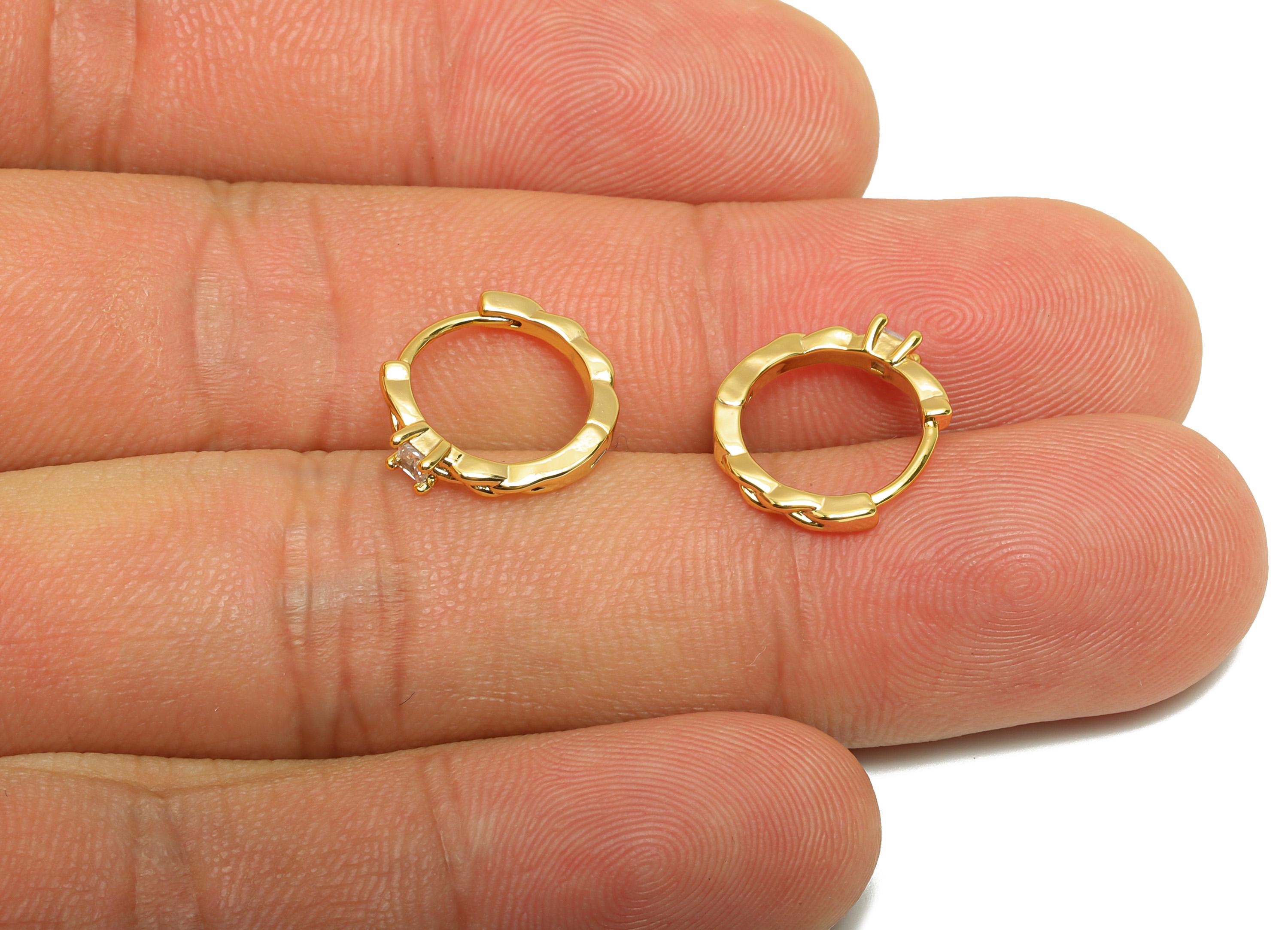 Brass CZ Hoop Earring - Brass Zircon Minimalist Huggie Earring - Twisted Gold Huggie Earring - 18k Real Gold Plating - 13x12x2mm - RGP10244 - DOMEDBAZAAR