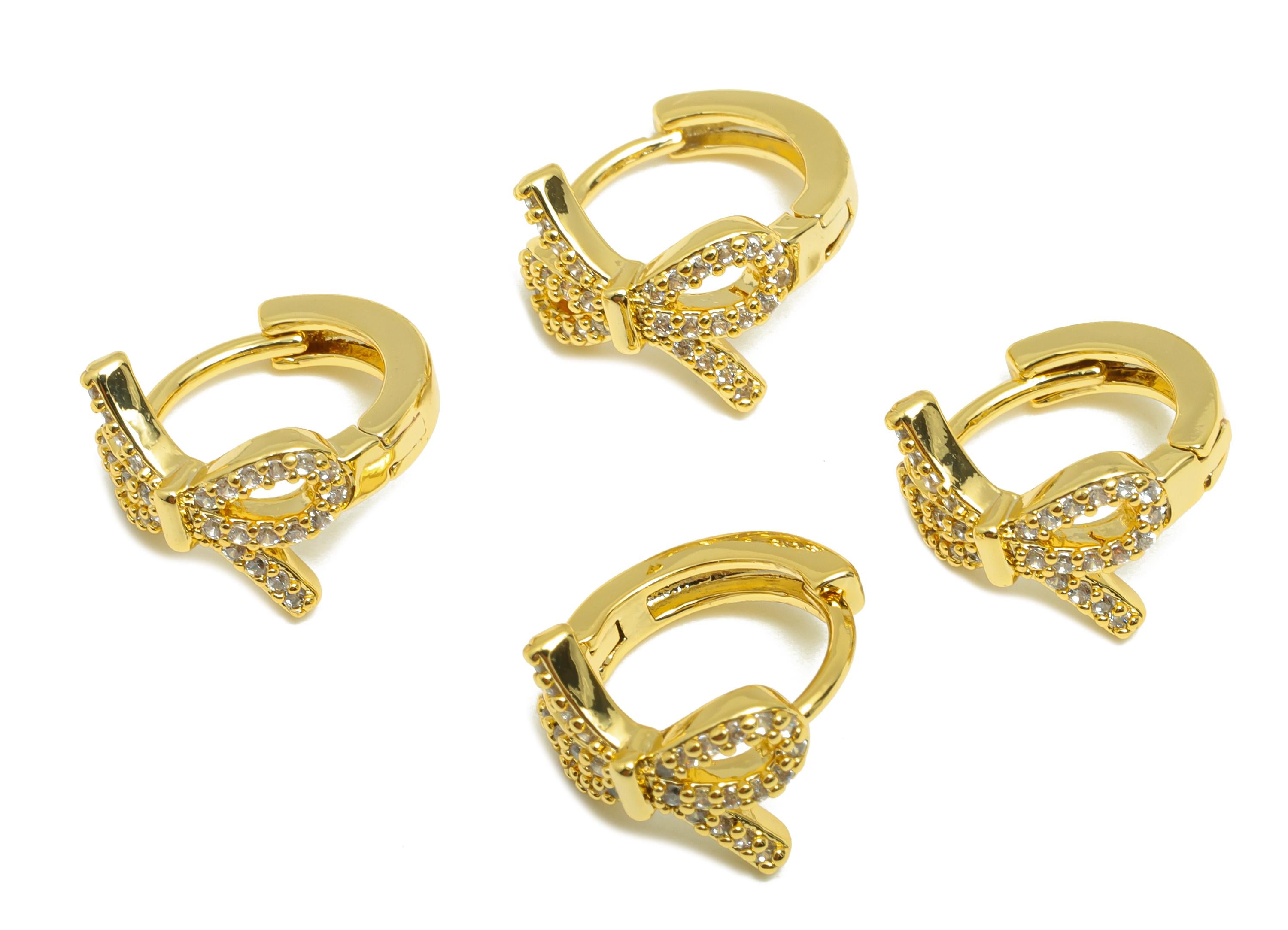 Brass Bow Tie Huggie Ear - Gold Zircon Round Earring for Girls - Daily Wear Hoop Earring - 18K Real Gold Plated - 14.03x13.4x2.11mm- RGP9122 - DOMEDBAZAAR