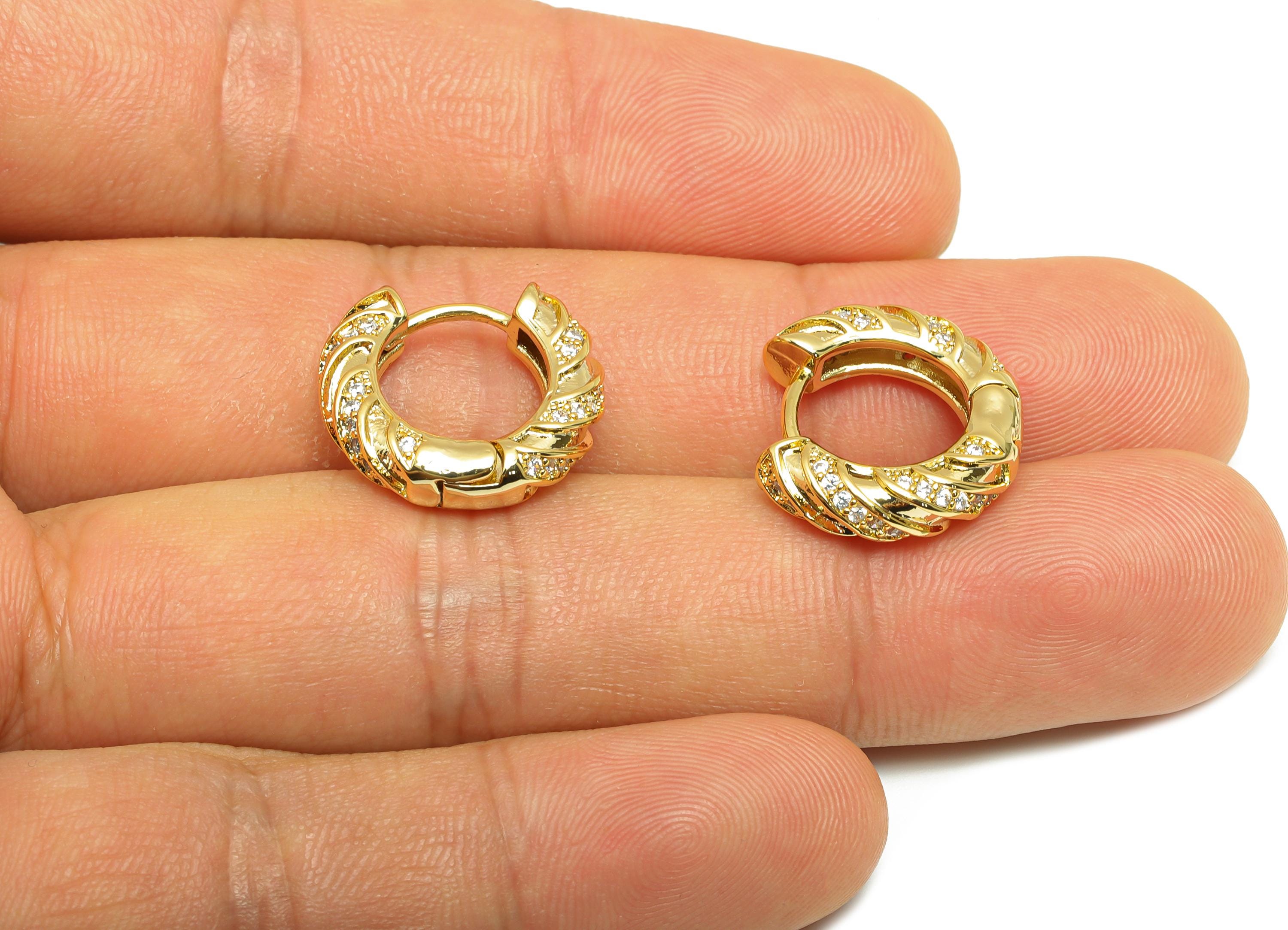 Brass Round Huggie Earring - Gold Zircon Earring for Girls - Textured Daily Wear Hoop Ear - 18K Real Gold Plated -17.36x16.05x4.3mm- RGP9125 - DOMEDBAZAAR
