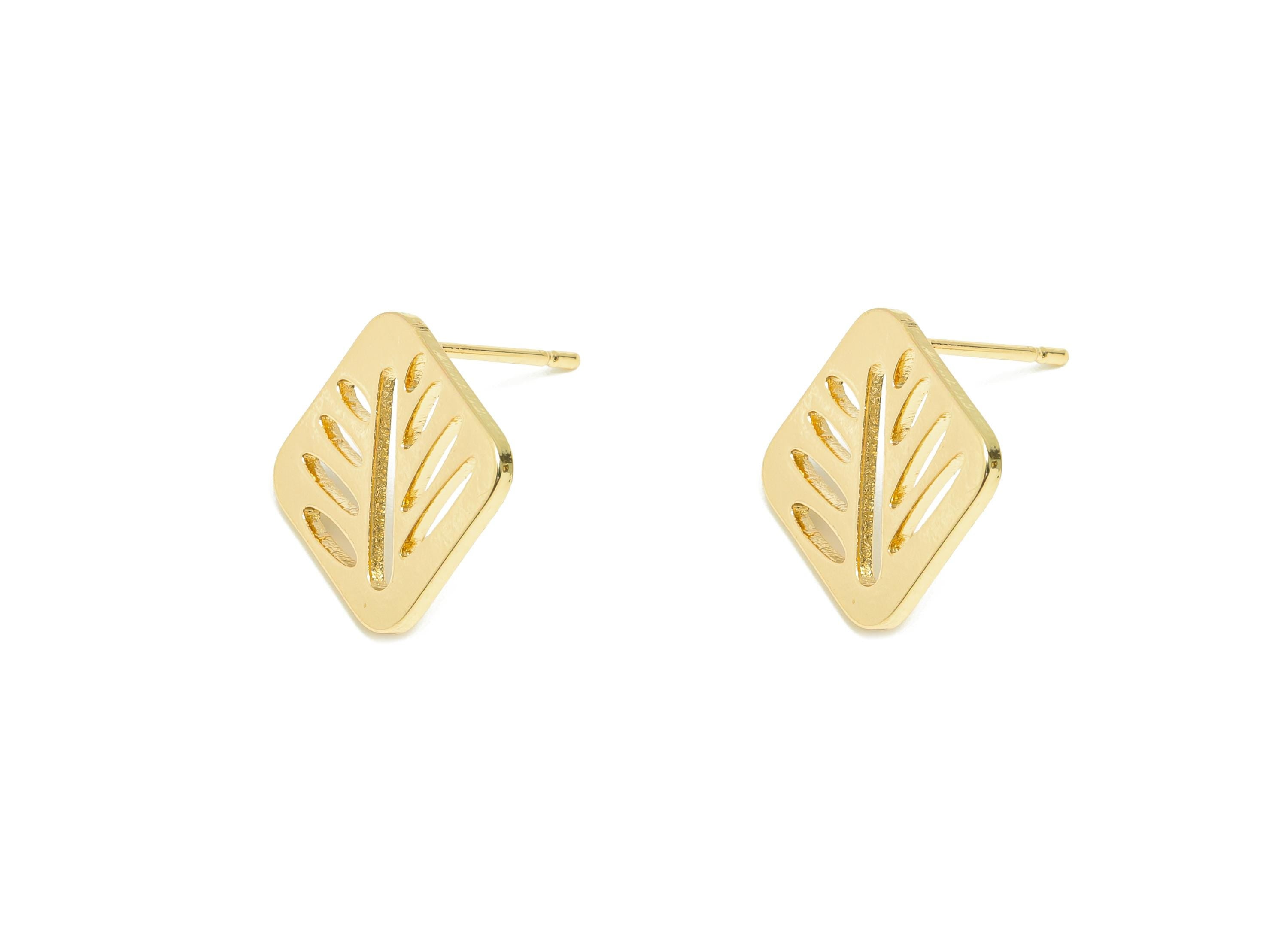 Brass Square Earring Stud - Gold Leaf Hollow Earring Post for Women - Geometric Daily Wear Ear - 18K Real Gold Plated -13.2x11.8x1mm-RGP8895 - DOMEDBAZAAR
