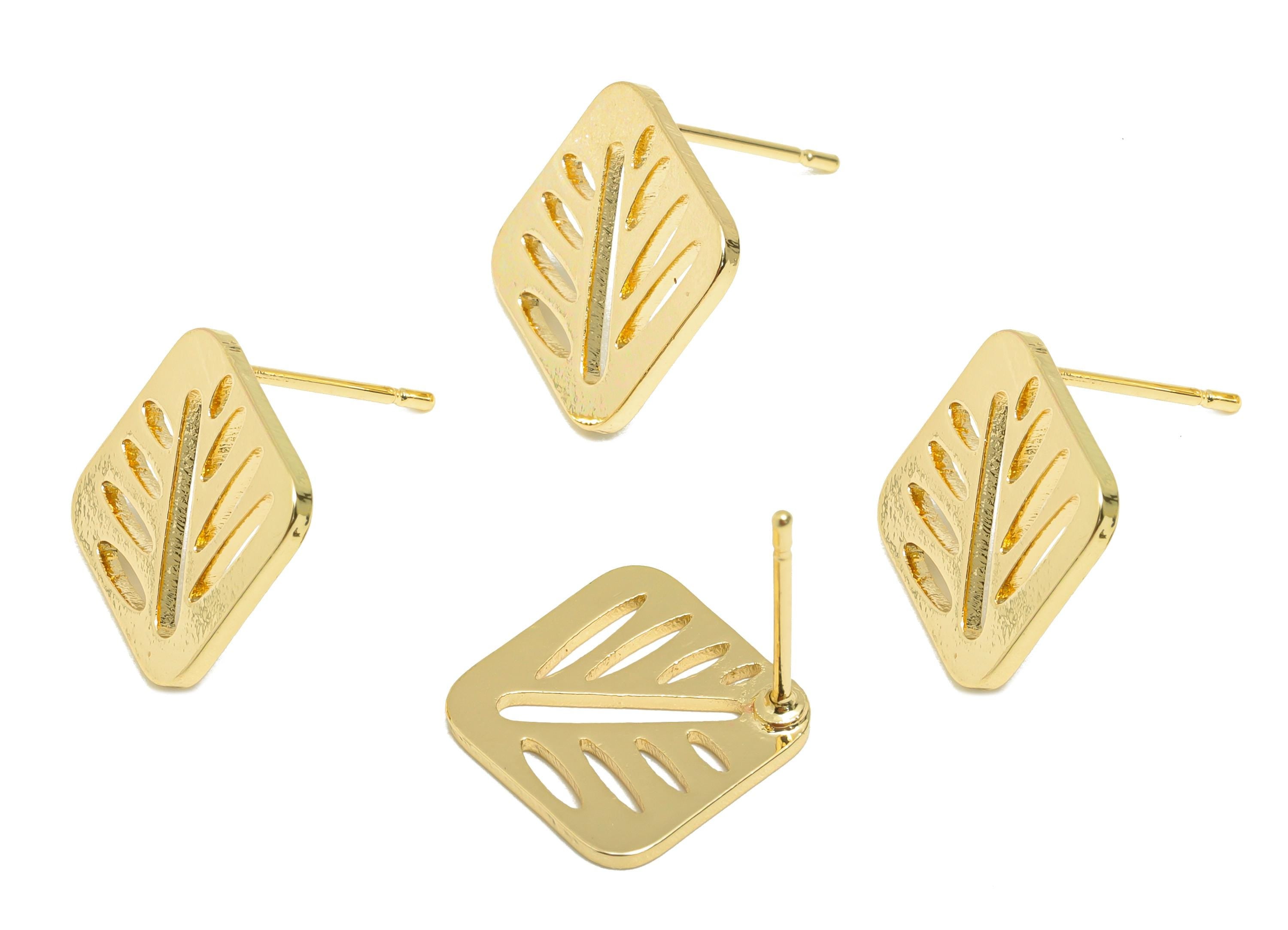 Brass Square Earring Stud - Gold Leaf Hollow Earring Post for Women - Geometric Daily Wear Ear - 18K Real Gold Plated -13.2x11.8x1mm-RGP8895 - DOMEDBAZAAR