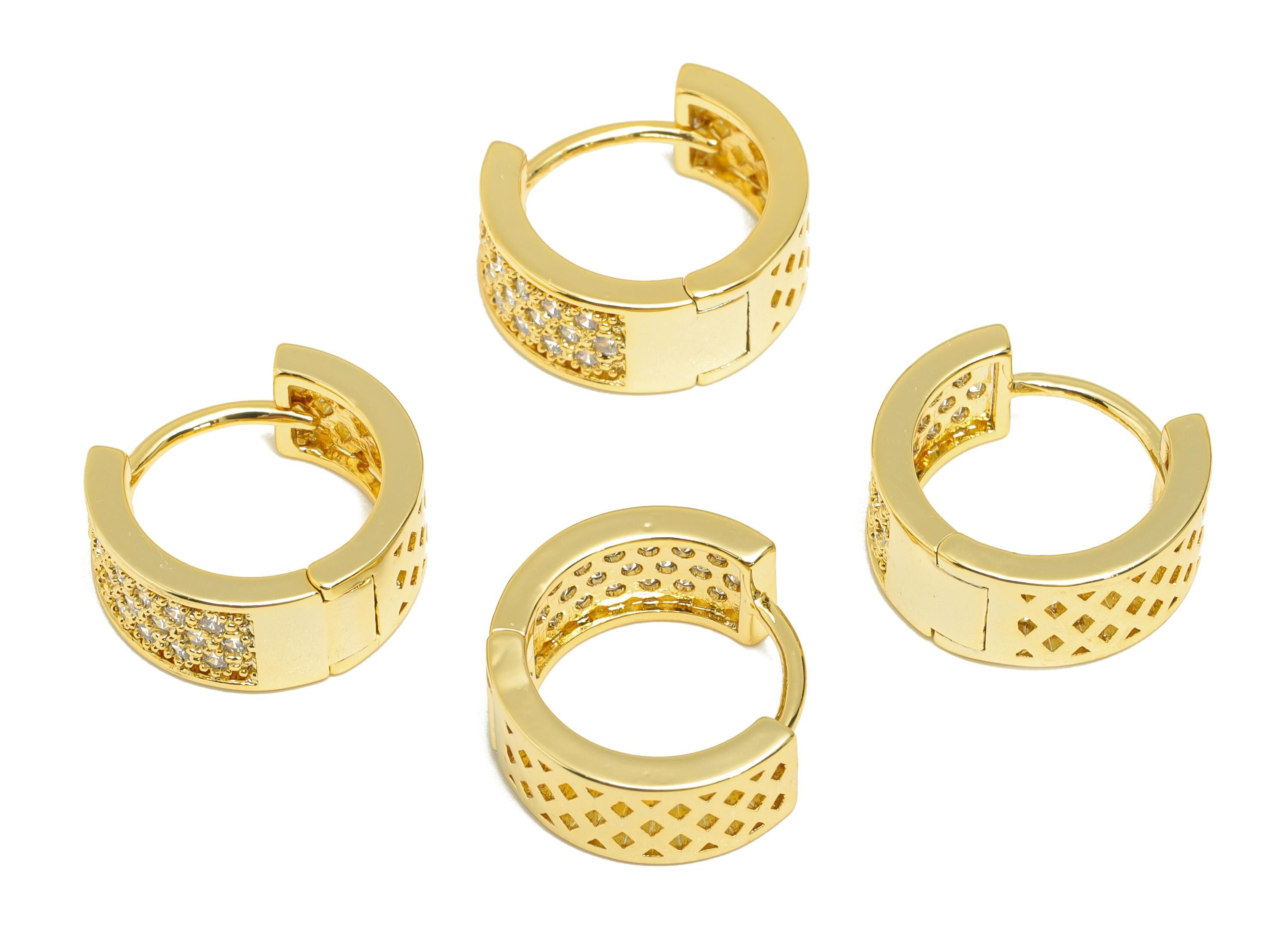 Brass Zircon Hoop Earring - Gold Think Huggie Earring for Girls - Mesh Daily Wear Earring - 18K Real Gold Plated - 14.02x13.7x5.9mm- RGP8899 - DOMEDBAZAAR