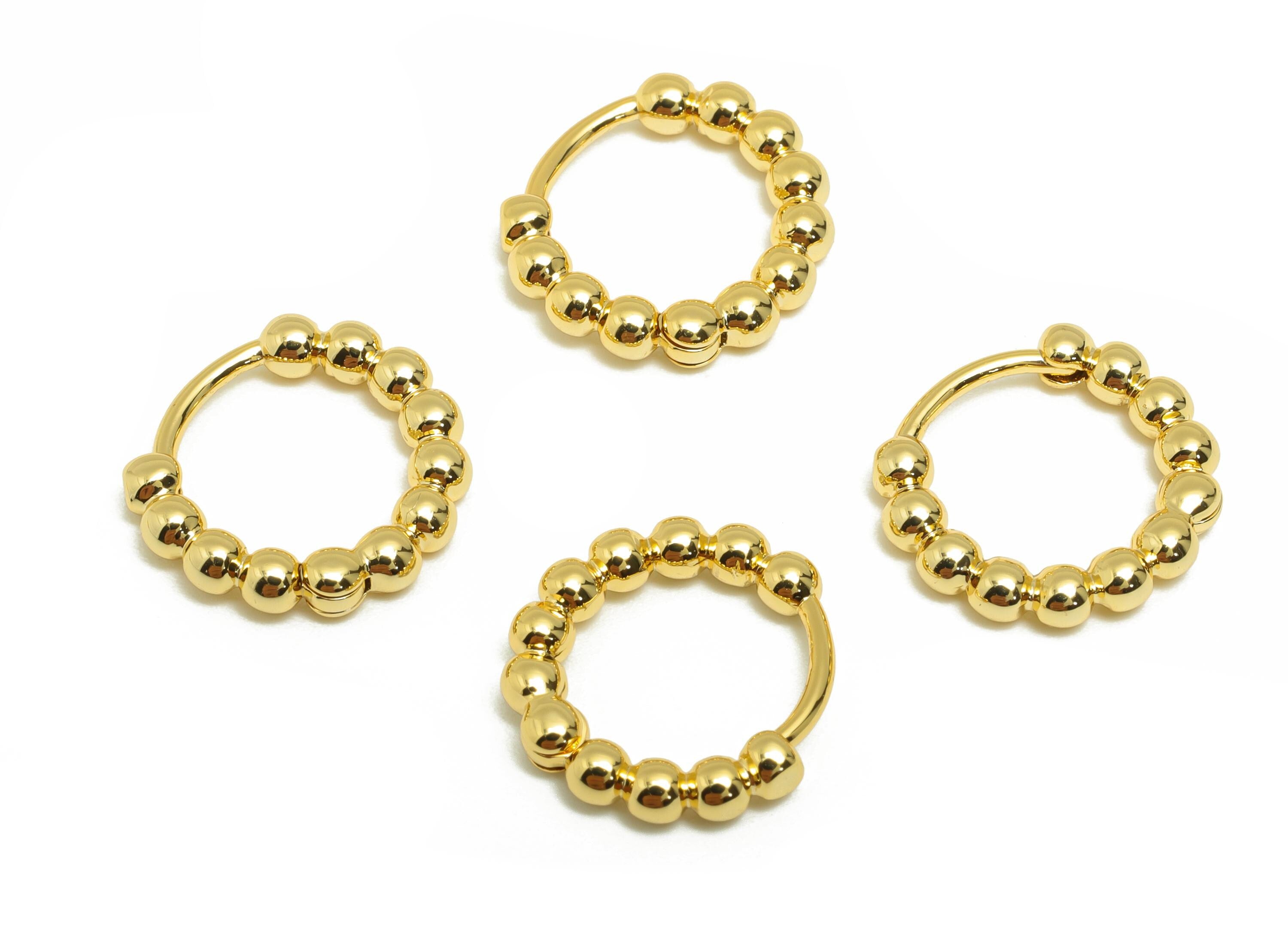 Brass Beads Hoop Earring - Gold Ball Huggie Earring for Girl&#39;s - Circle Daily Wear Hoop Ear - 18K Real Gold Plated - 14x12.8x2.5mm - RGP8901 - DOMEDBAZAAR