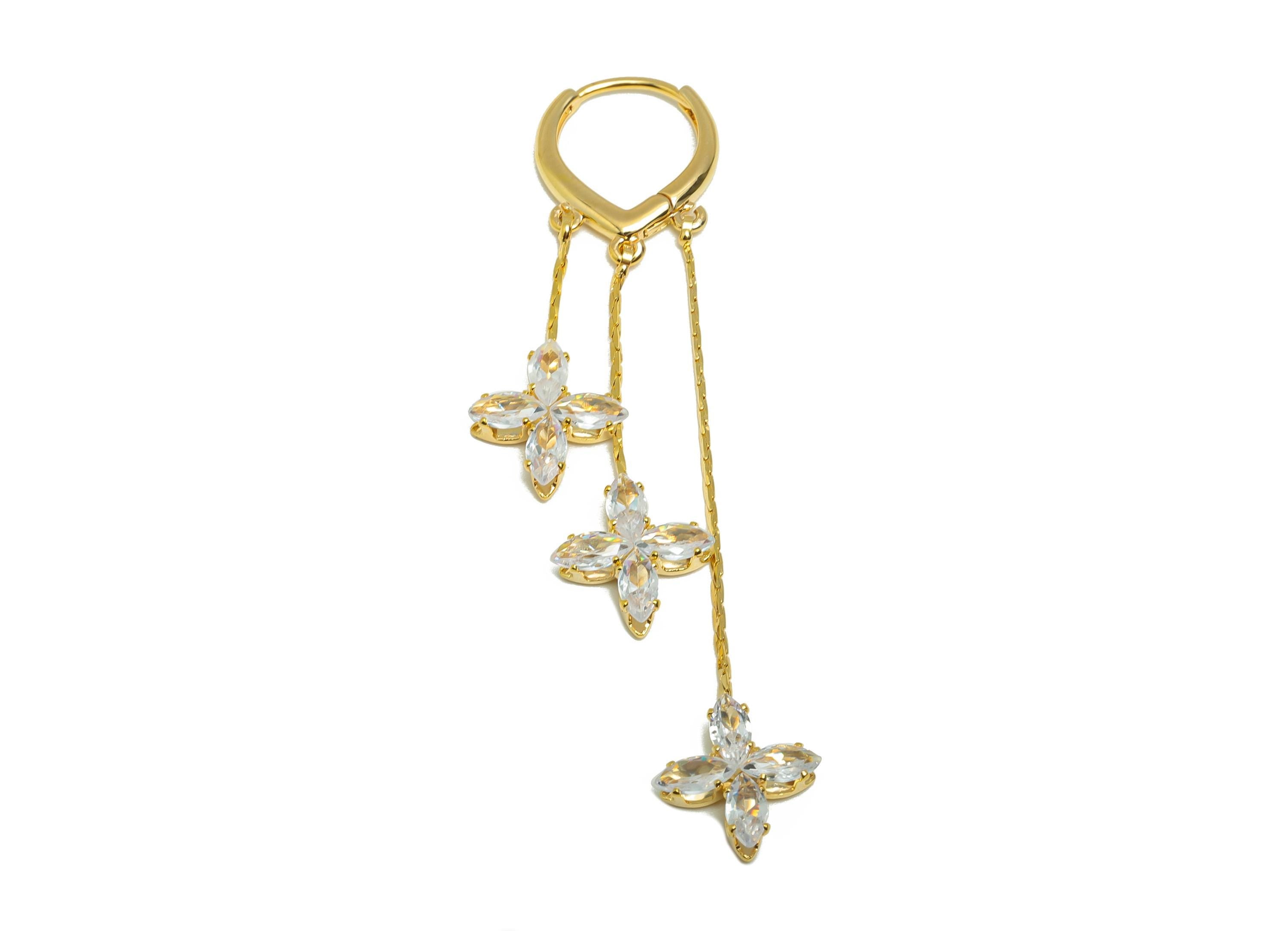 Brass Floral Drop Earring - Brass Zircon Dangle Huggie Earring -Gold Dangle Earring with Flowers - 18k Real Gold Plated - 68x13x3mm-RGP10234 - DOMEDBAZAAR