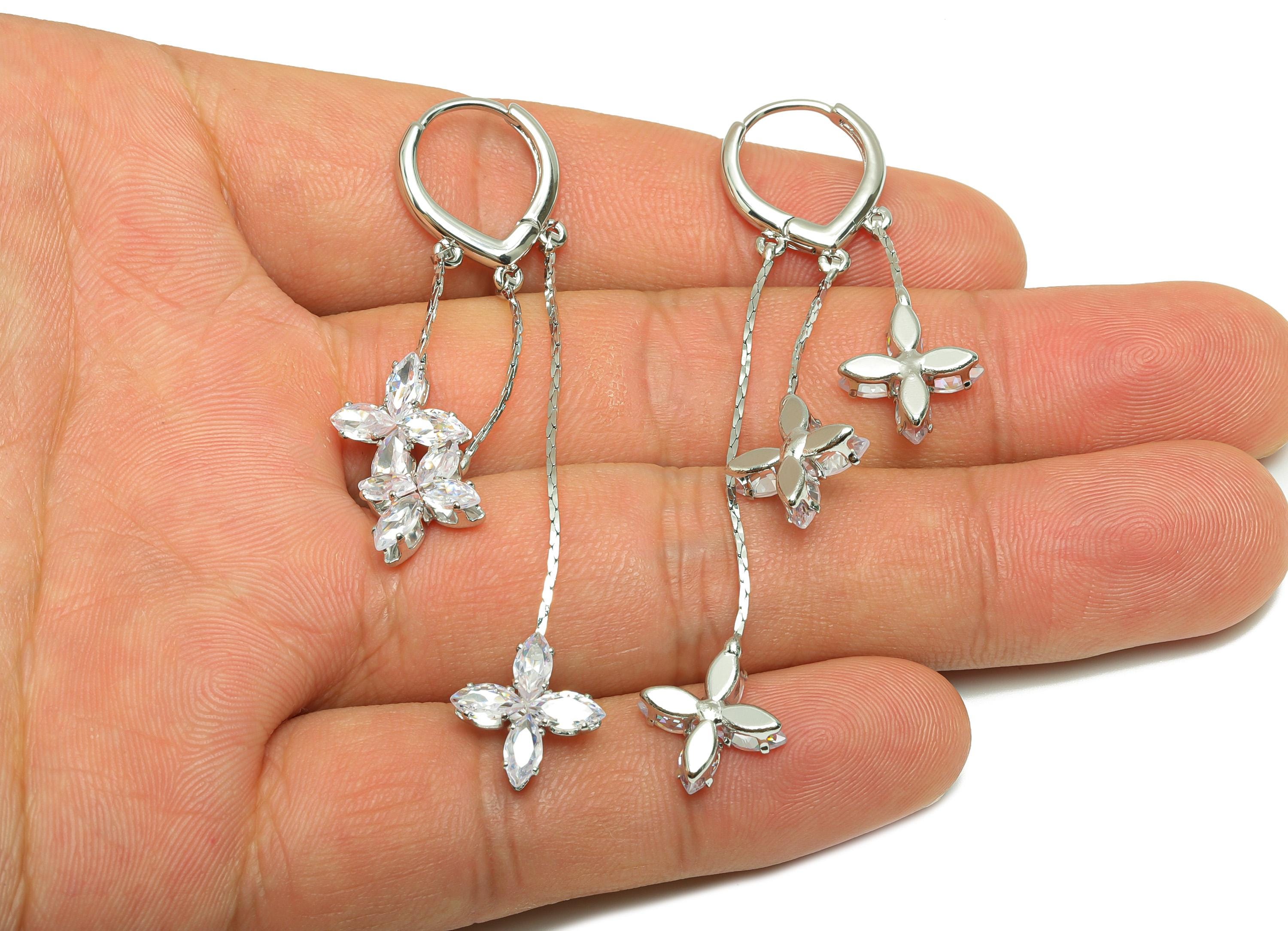 Brass Floral Drop Earring - Brass Zircon Dangle Huggie Earring - Delicate Jewelry - 18k Real White Gold Plated - 68x13x3mm-RGP10235 - DOMEDBAZAAR