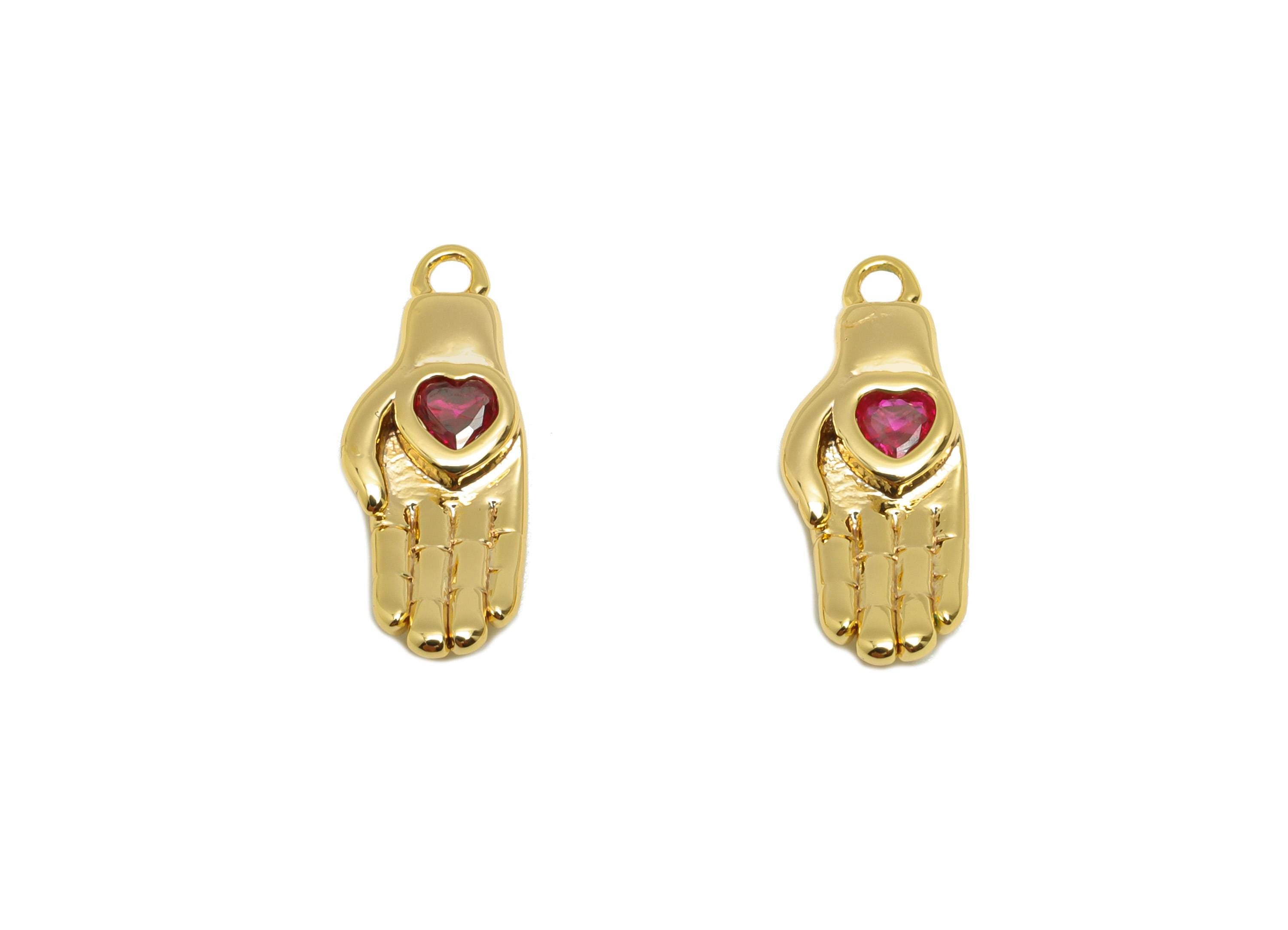 Brass Symbol of Love Earring - Brass Zircon Hand  Pink Heart Gem Earring - Love Pendant - 18k Real  Gold Plated - 16x6x6mm - RGP10229 - DOMEDBAZAAR