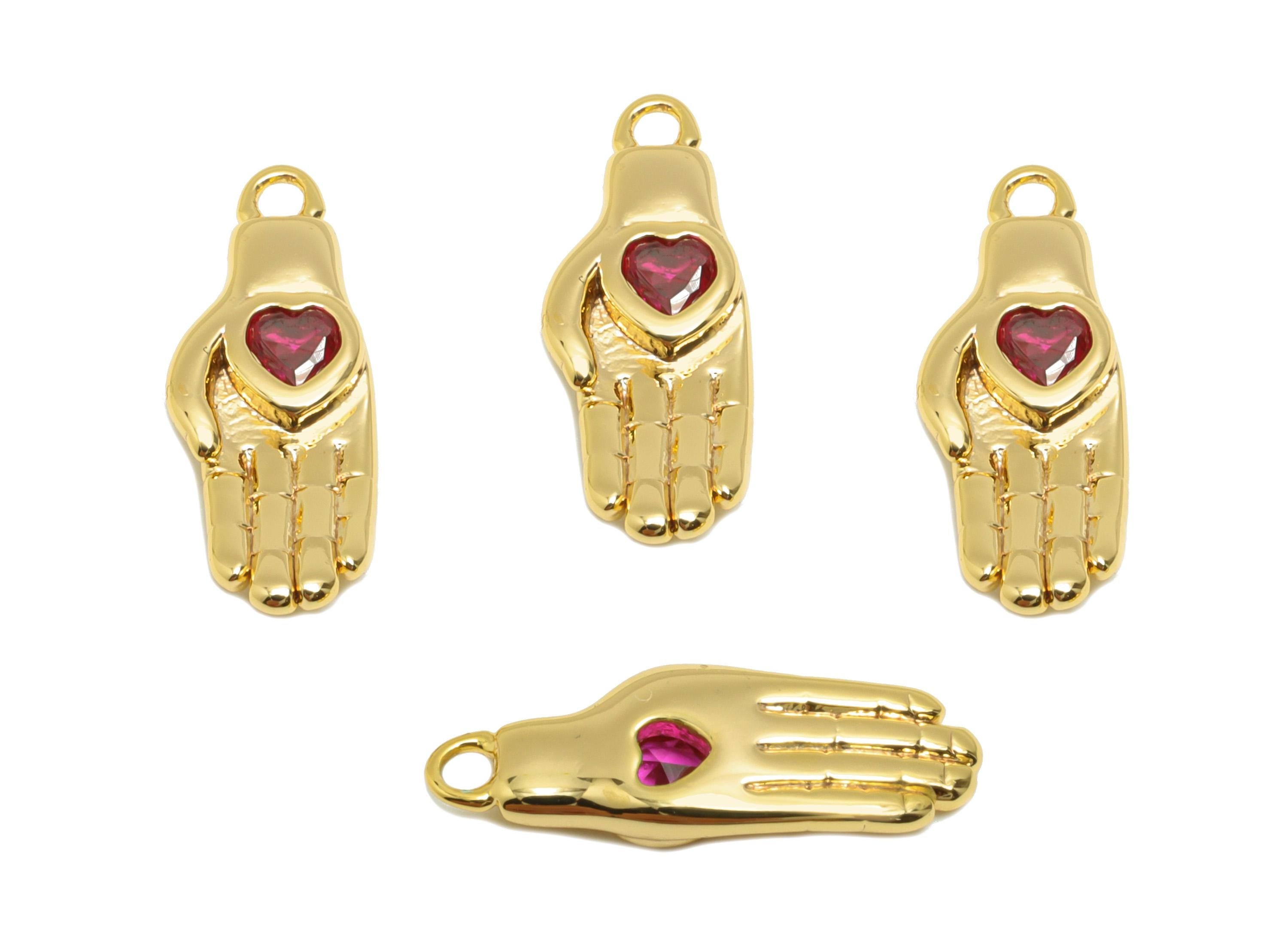 Brass Symbol of Love Earring - Brass Zircon Hand  Pink Heart Gem Earring - Love Pendant - 18k Real  Gold Plated - 16x6x6mm - RGP10229 - DOMEDBAZAAR