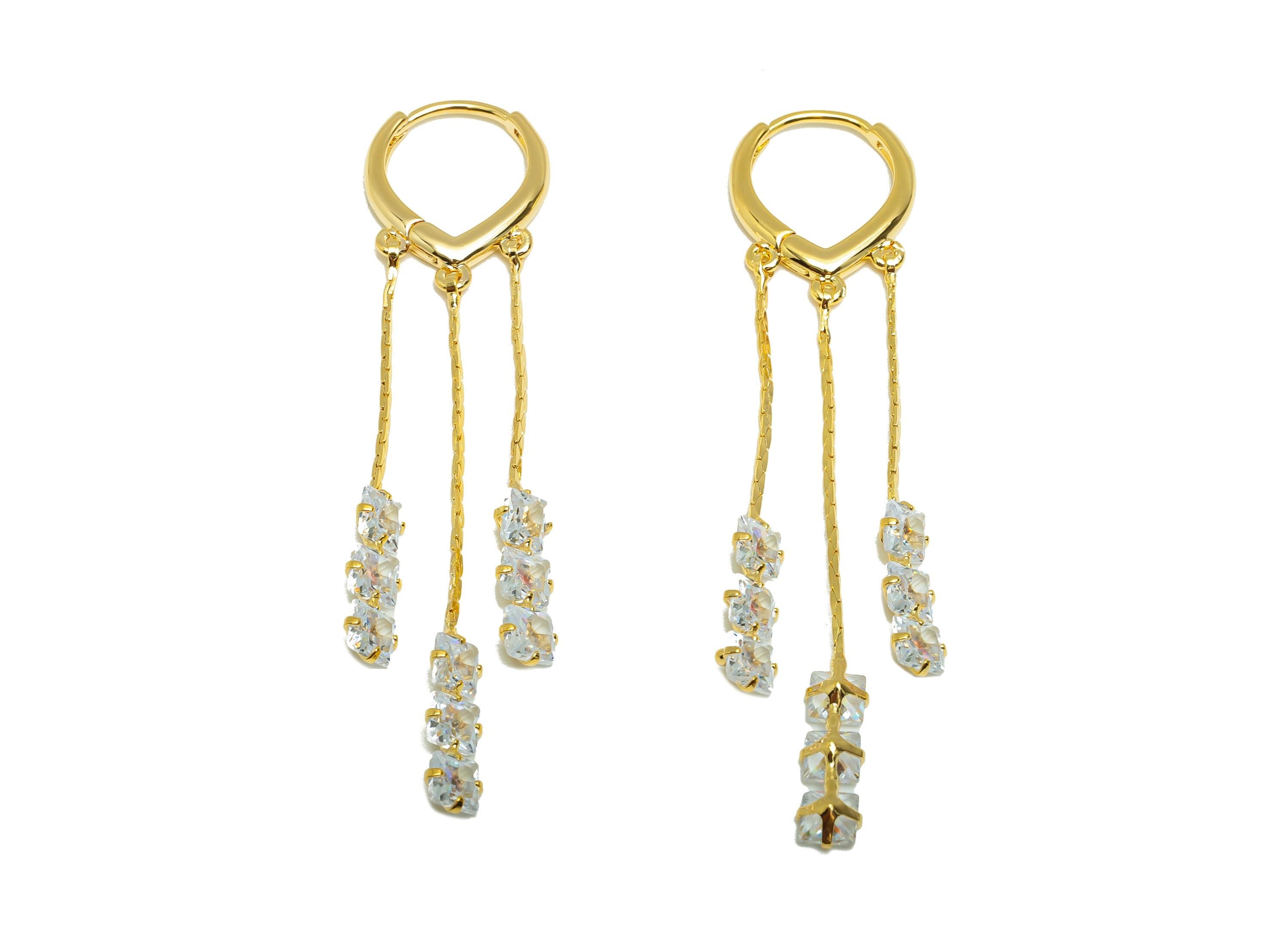 Brass Square Drop Earring - Brass Zircon Dangle Huggie Earring - Delicate Jewelry - 18k Real Gold Plated - 62x13.86x2.9mm - RGP10236 - DOMEDBAZAAR
