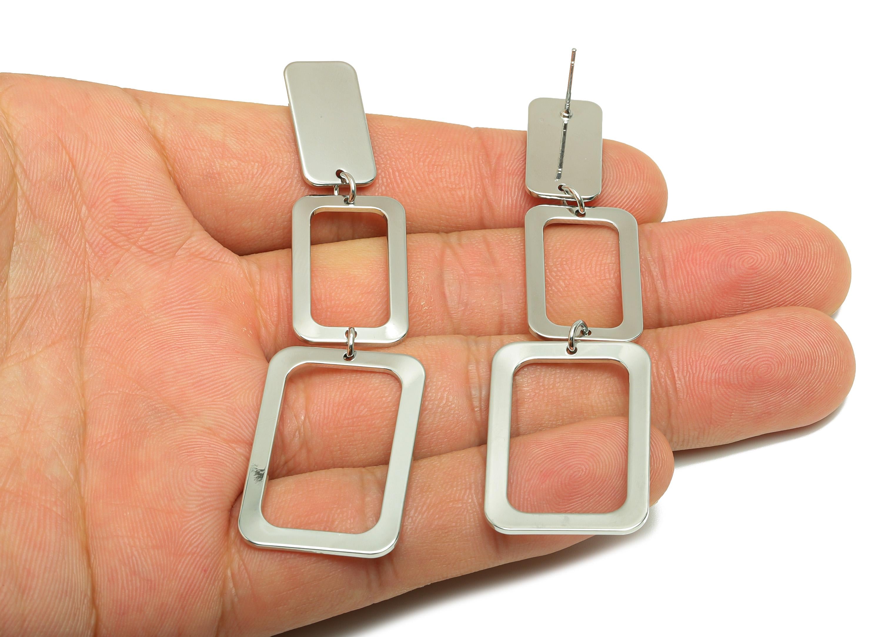 Rectangle Dangle Earring Post - Brass Rectangle Earring Stud -Chic Silver Link Earring - 18k Real White Gold Plating - 78x20x1mm - RGP10241 - DOMEDBAZAAR