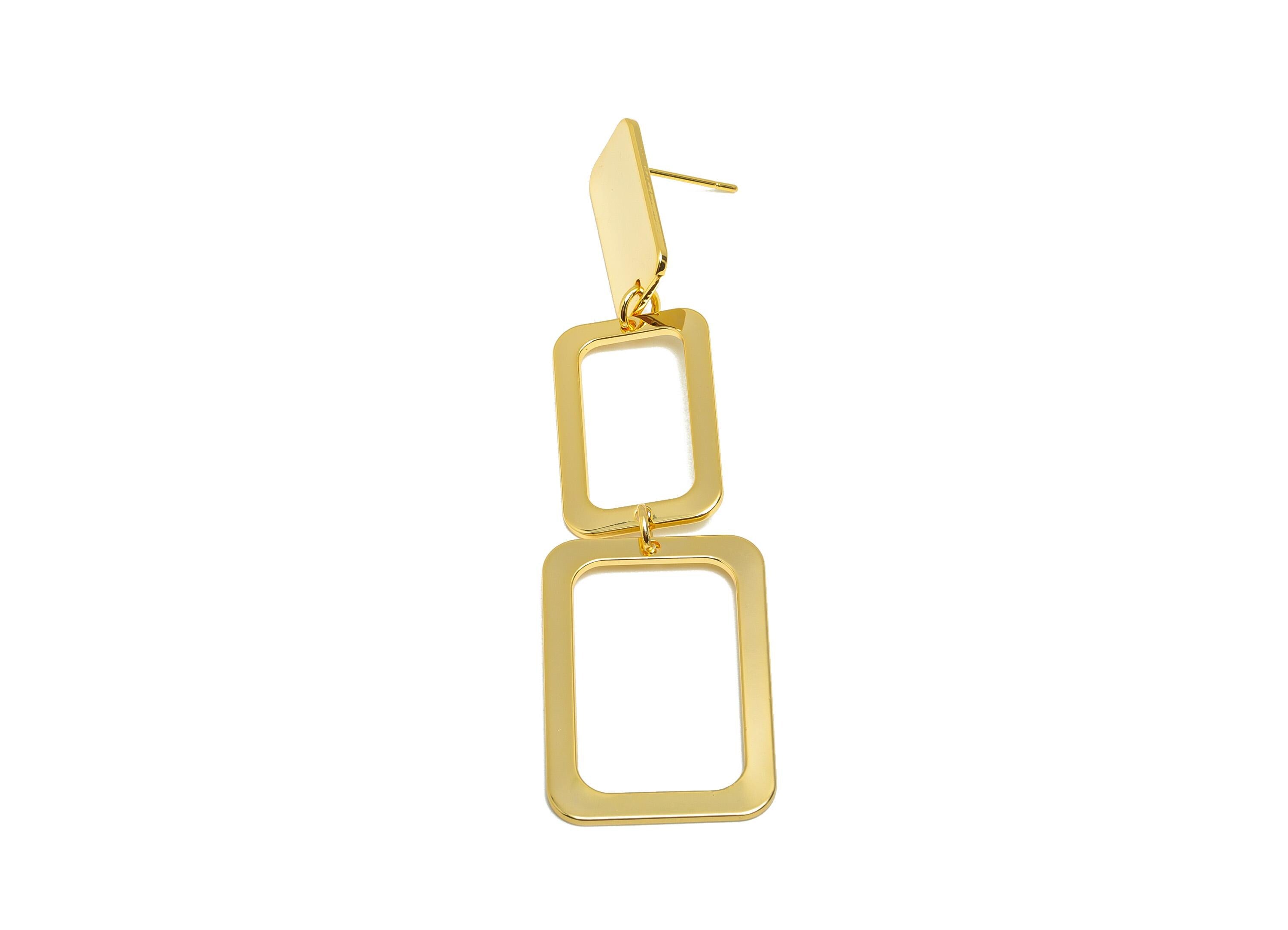 Brass Linked Earring Post - Brass Rectangle Earring Stud - Brass Geometric Drop Earring - 18k Real Gold Plating - 78x20x1mm - RGP10240 - DOMEDBAZAAR