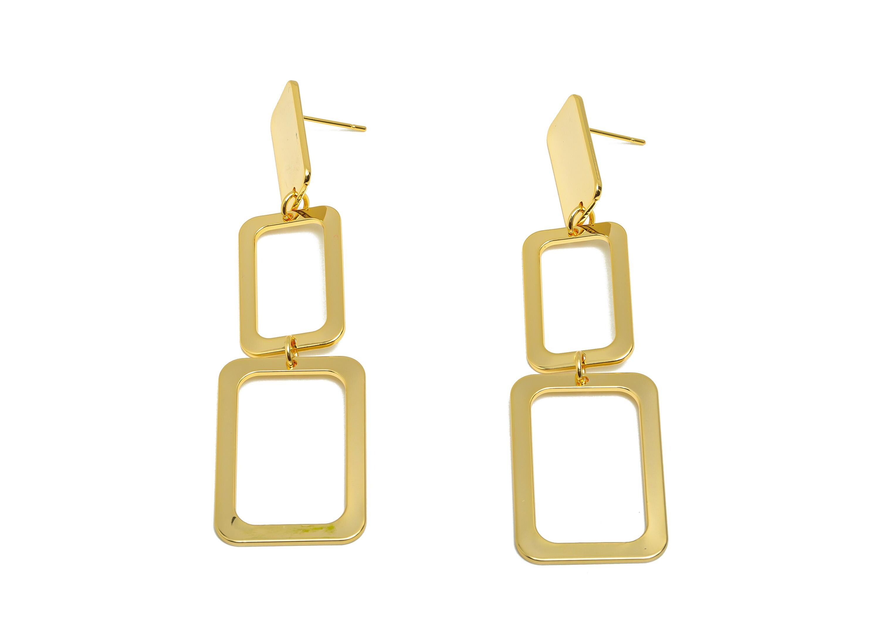 Brass Linked Earring Post - Brass Rectangle Earring Stud - Brass Geometric Drop Earring - 18k Real Gold Plating - 78x20x1mm - RGP10240 - DOMEDBAZAAR