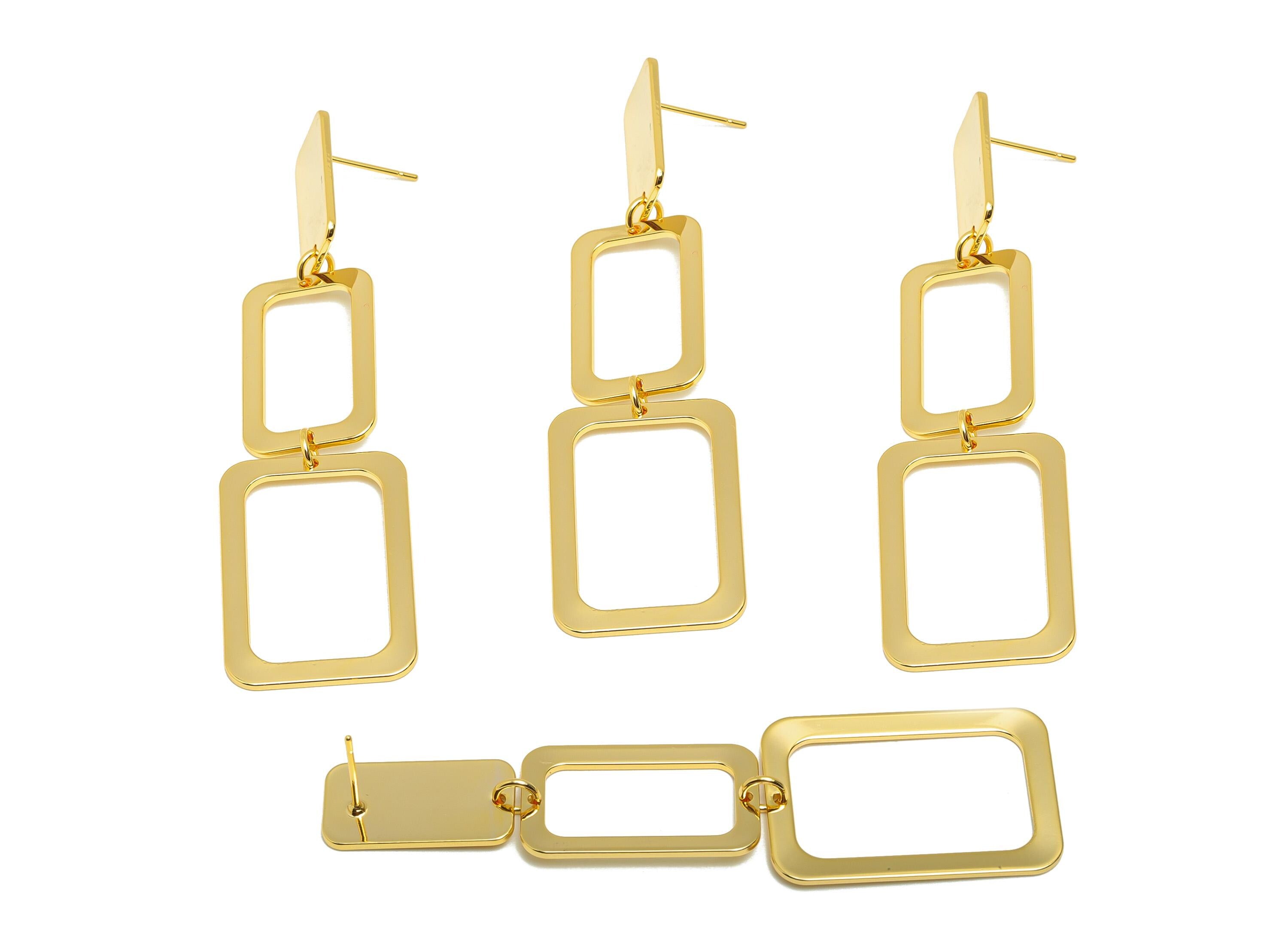 Brass Linked Earring Post - Brass Rectangle Earring Stud - Brass Geometric Drop Earring - 18k Real Gold Plating - 78x20x1mm - RGP10240 - DOMEDBAZAAR