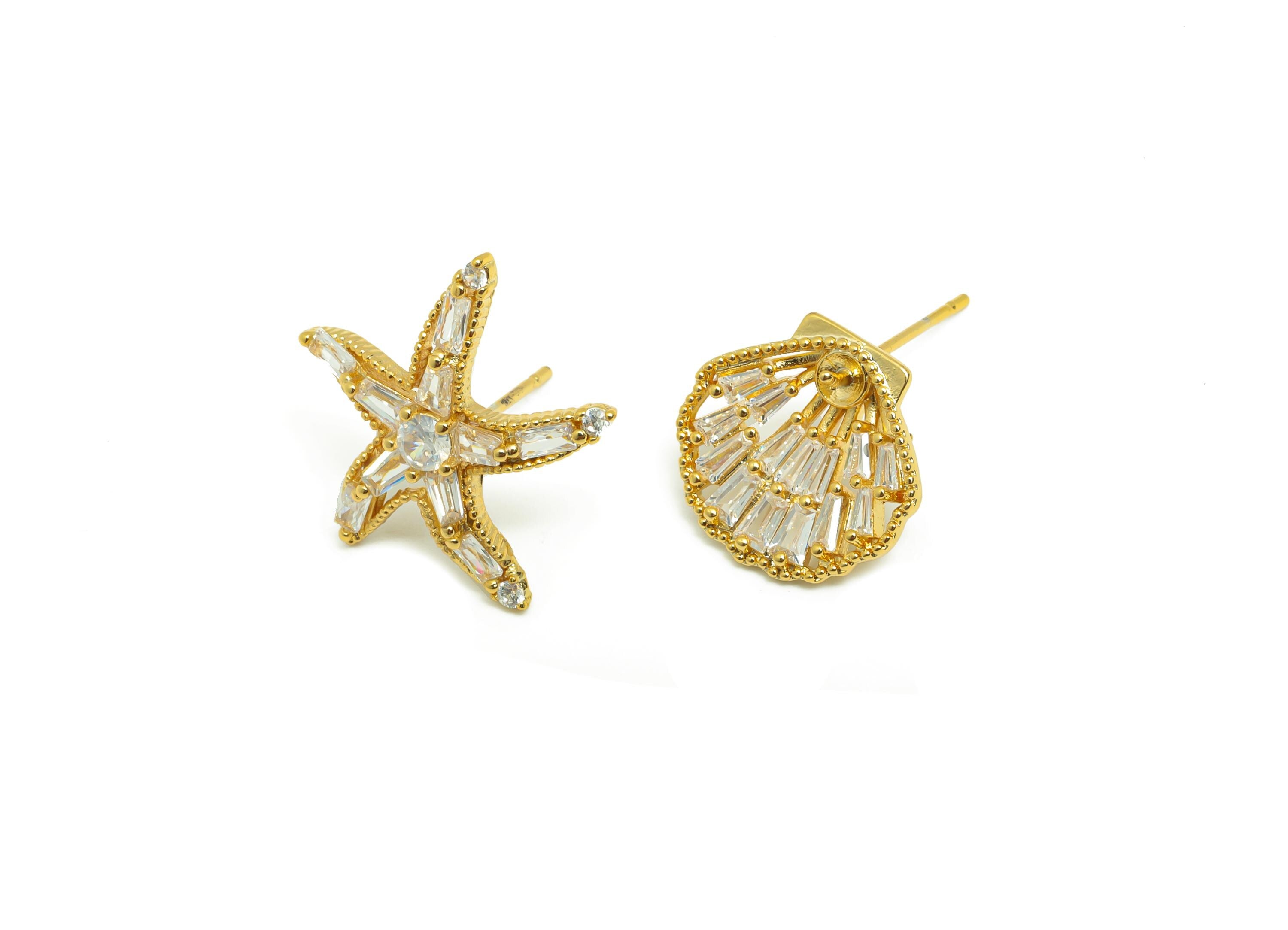 Brass Asymmetric Earring - Gold Starfish Shell Earring Post with Zircon - Daily Wear Earring - 18K Real Gold Plated -19.5x18.3x3.5mm-RGP8925 - DOMEDBAZAAR