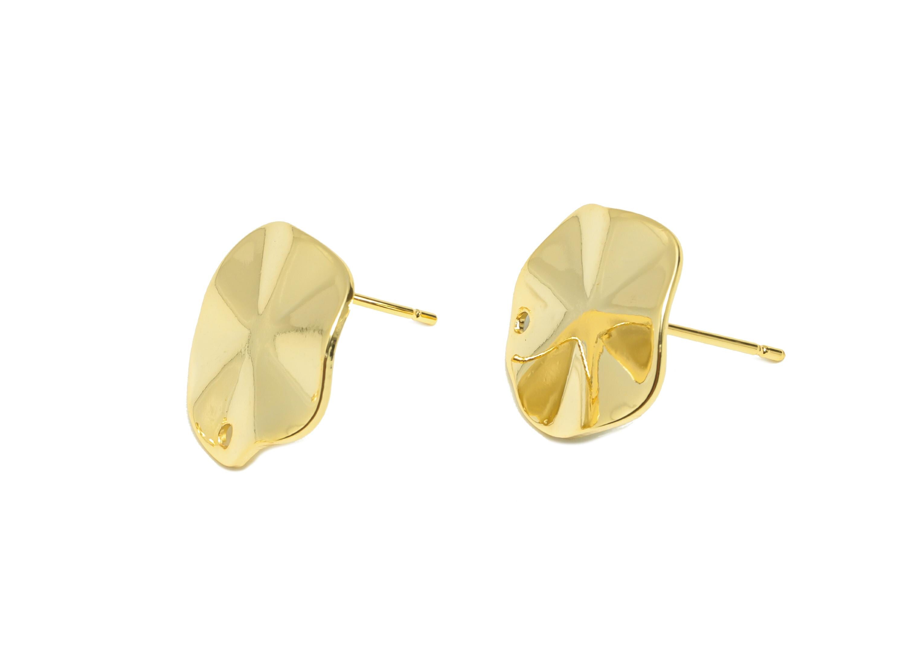 Brass Lotus Leaf Earring Stud - Gold Wave Round Earring Post for Girls - Daily Wear Earring - 18K Real Gold Plated -14.8x13.5x1.3mm -RGP8926 - DOMEDBAZAAR