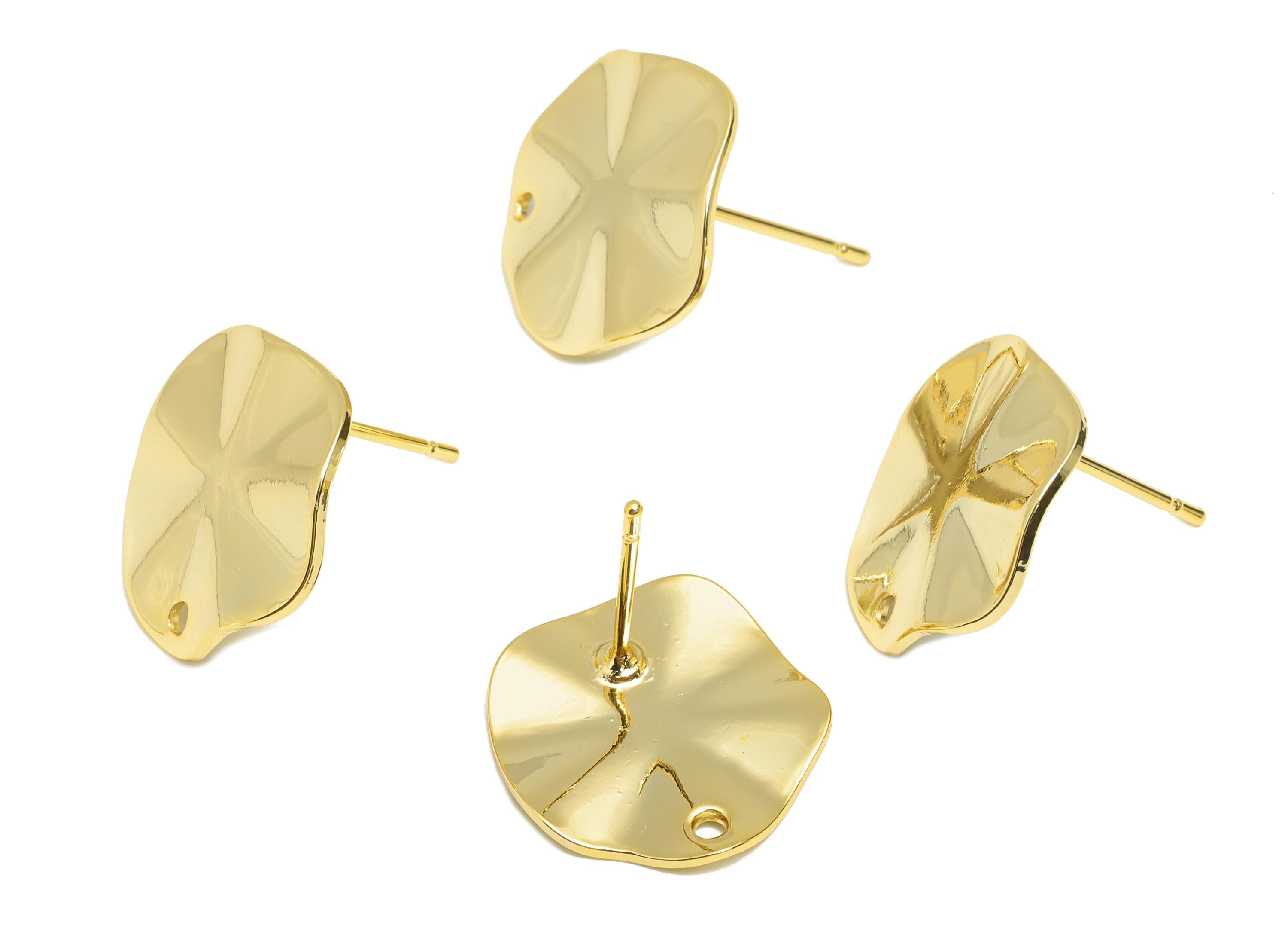 Brass Lotus Leaf Earring Stud - Gold Wave Round Earring Post for Girls - Daily Wear Earring - 18K Real Gold Plated -14.8x13.5x1.3mm -RGP8926 - DOMEDBAZAAR