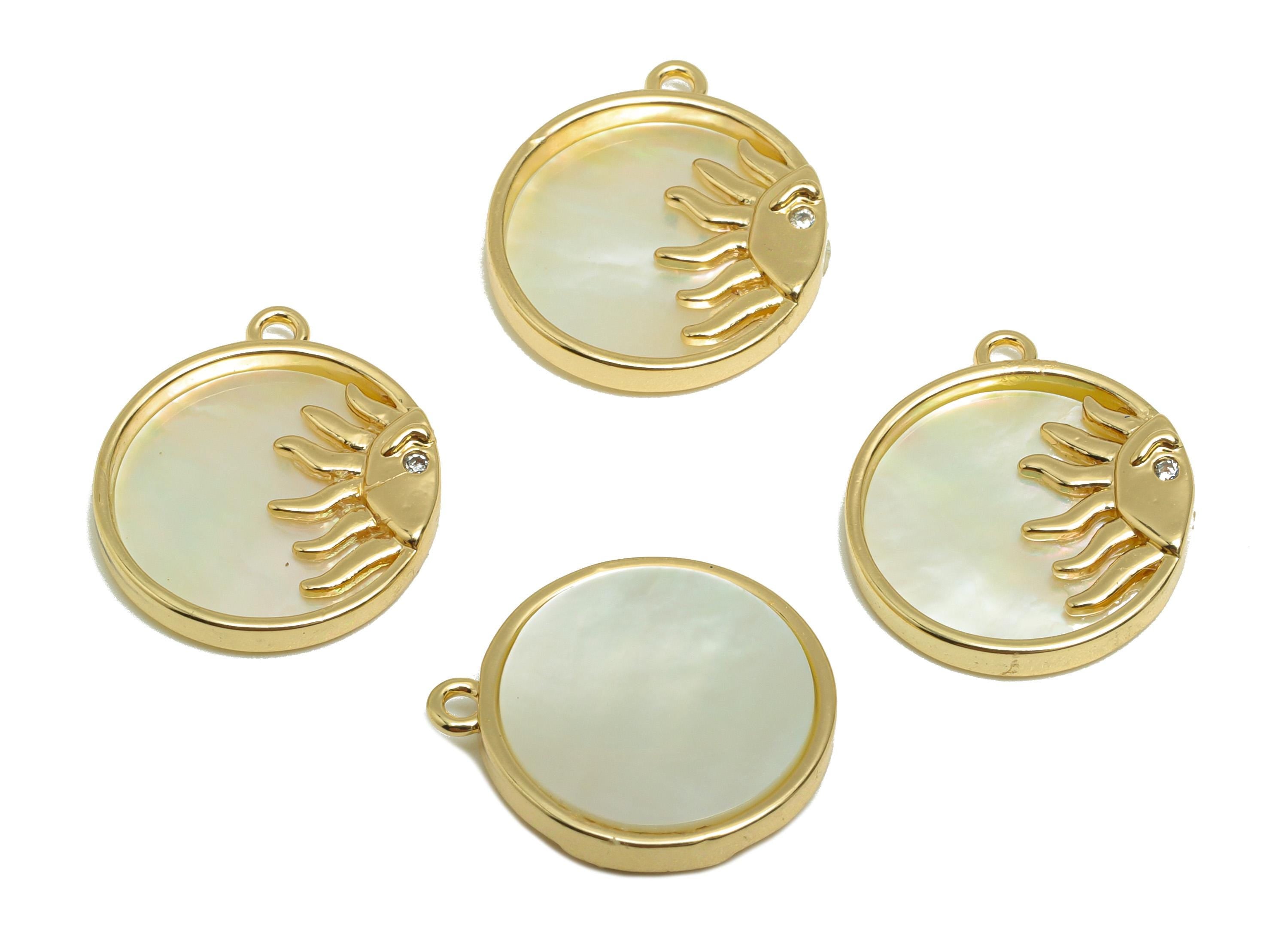 Mother Pearl Inlay Crystal Accent  - Brass Sun Pendant - Sparkling Sun Jewelry - Gold Jewelry - 18K Real Gold Plating - 17x15x2mm-RGP10228 - DOMEDBAZAAR