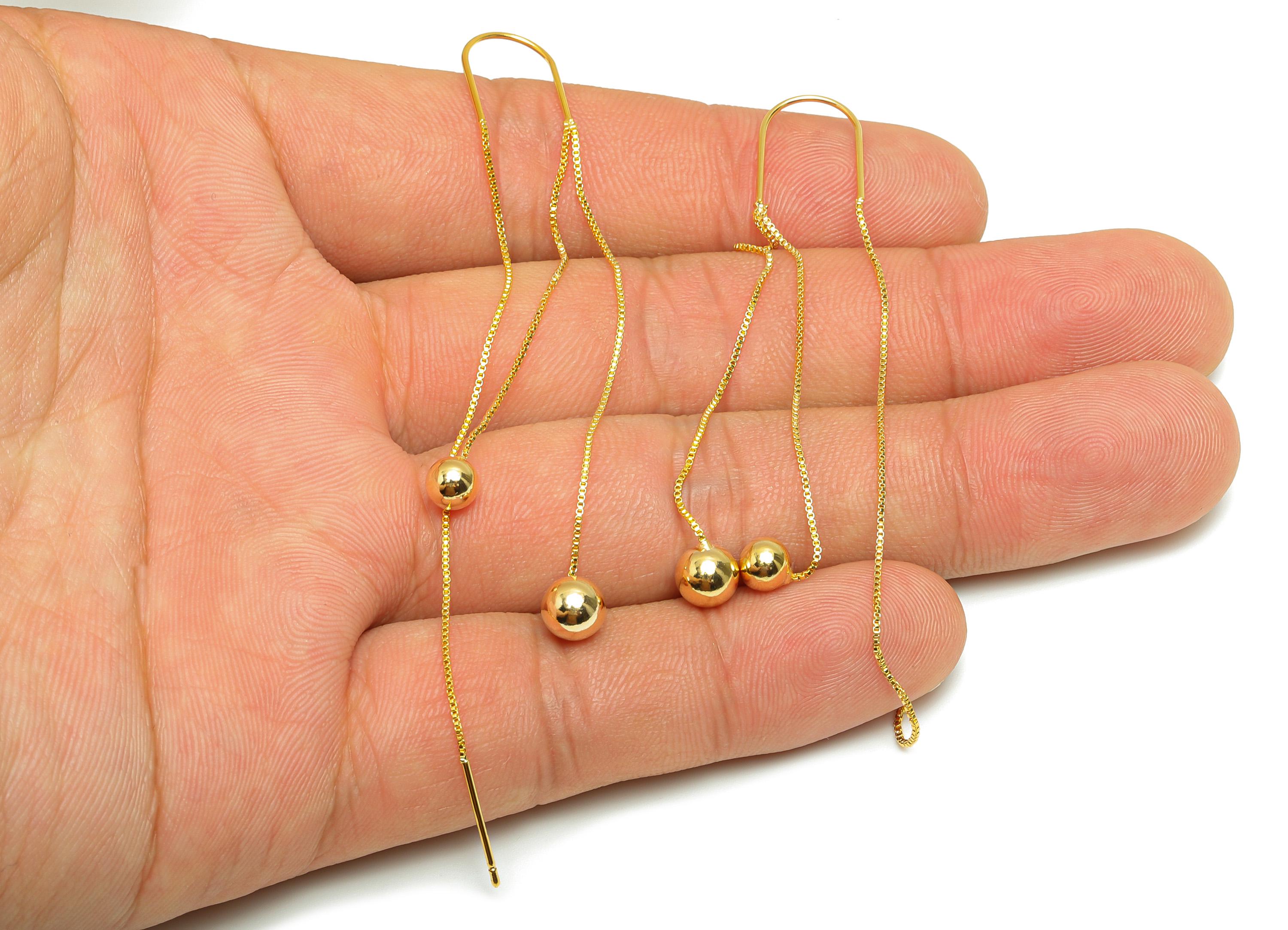 Brass Tassel Ear Wire - Brass Chain Threader Earrings with Double Beads  - Dangle Ear Wire - 18K Real Gold Plating - 90x10x5.7mm - RGP10238 - DOMEDBAZAAR