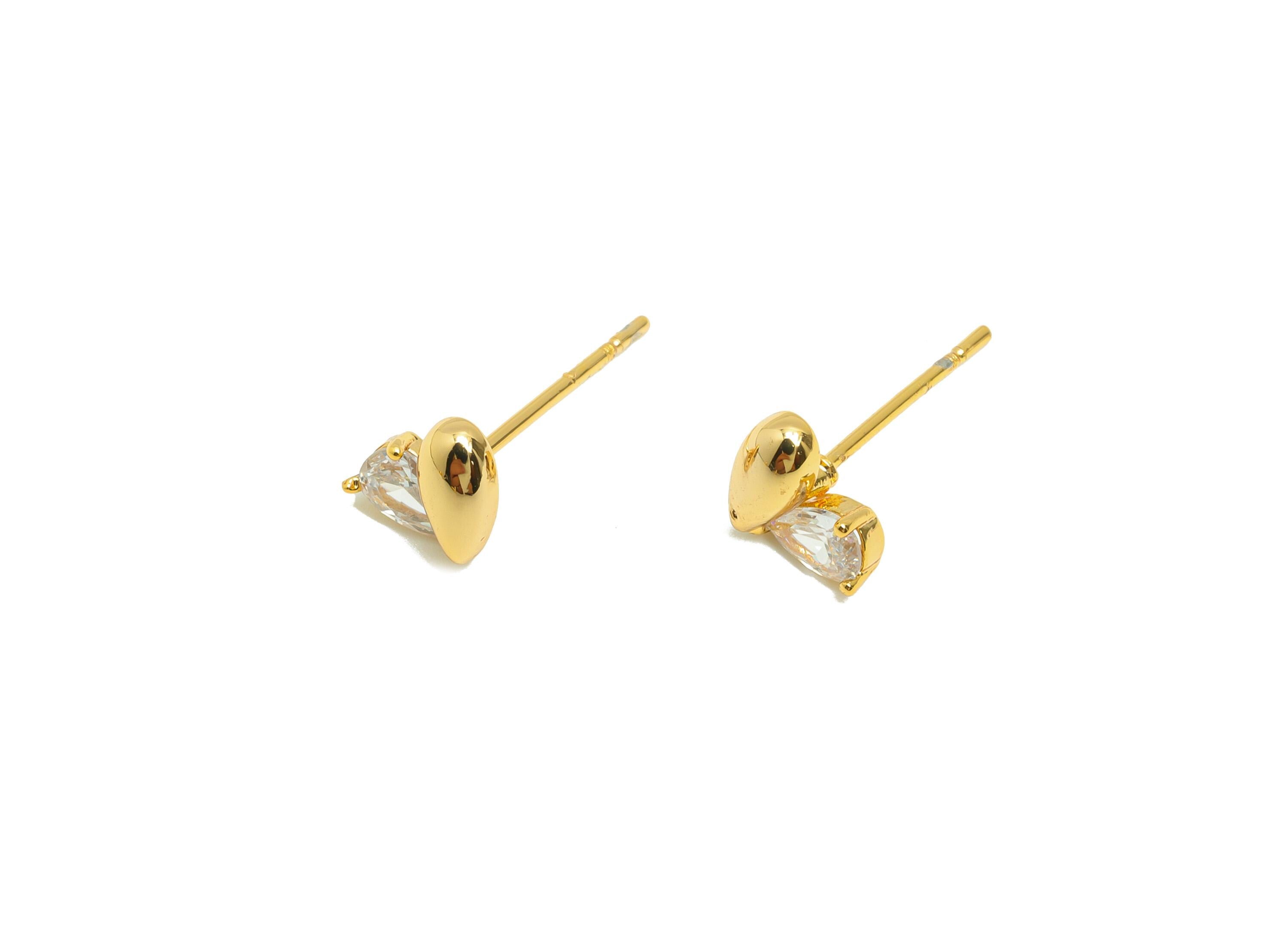 Brass CZ Heart Earring - Brass Cubic Zircon Earring Post - Gold Teardrop Stud Earring Gemstone - 18K Real Gold Plating - 7x5x3mm - RGP10250 - DOMEDBAZAAR