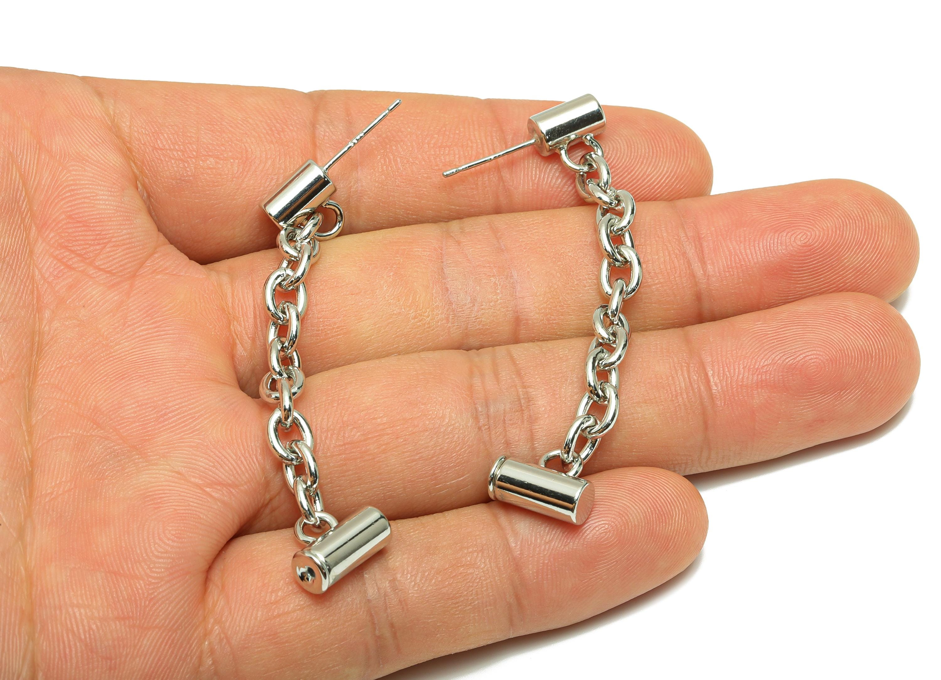 Brass Cylinder Chain Ear - Cylinder Dangle Earring Stopper - White Hanging Chain Earring Post - 18k Real Gold plated - 64x11.3x5mm - RGP8930 - DOMEDBAZAAR