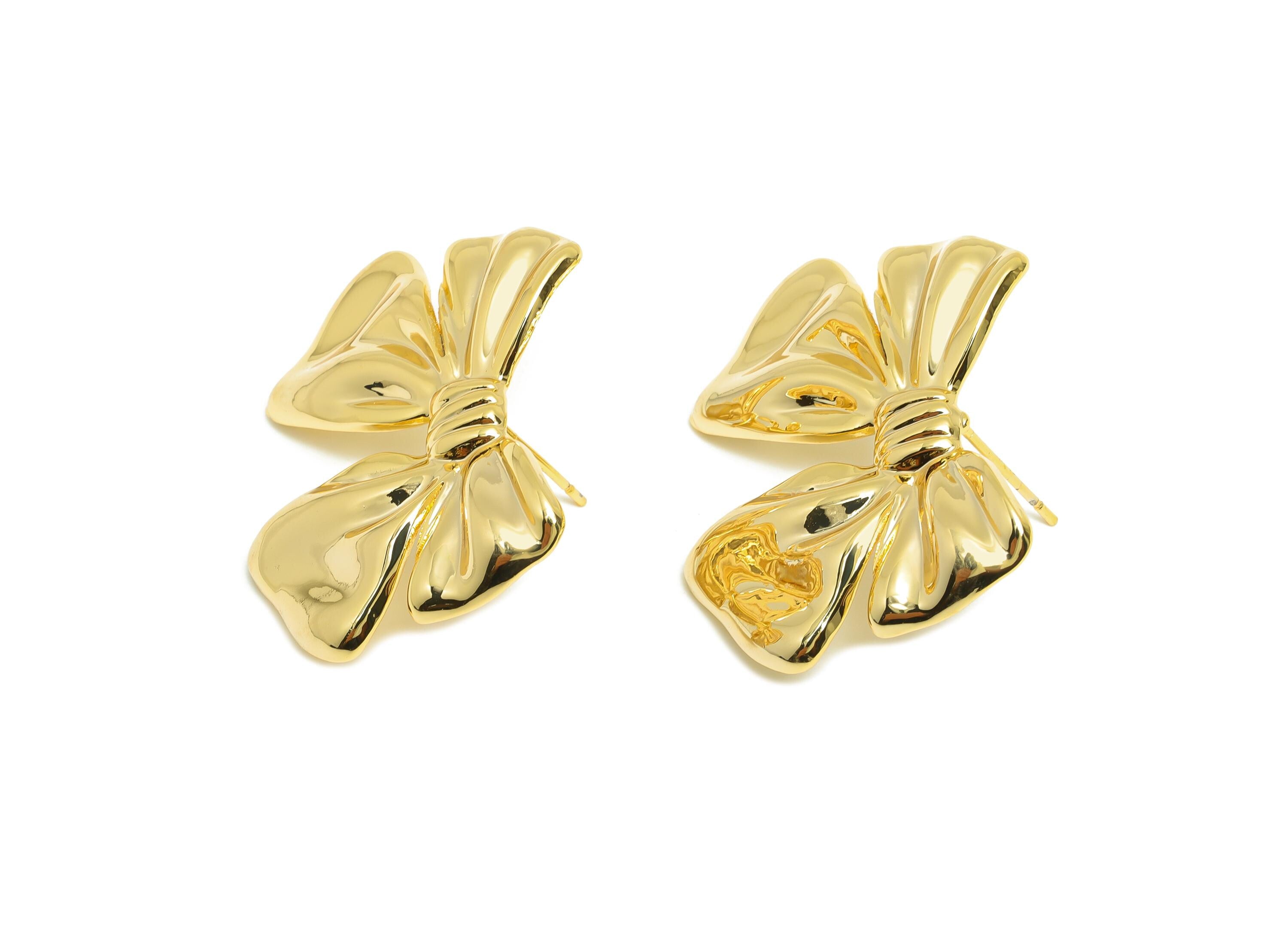 Brass Butterfly Bow Stud Earring - Brass Charming Bow  Ribbon Stud Earring - Textured Butterfly Bow Earring Post - 32x25x3.1mm - RGP10084 - DOMEDBAZAAR
