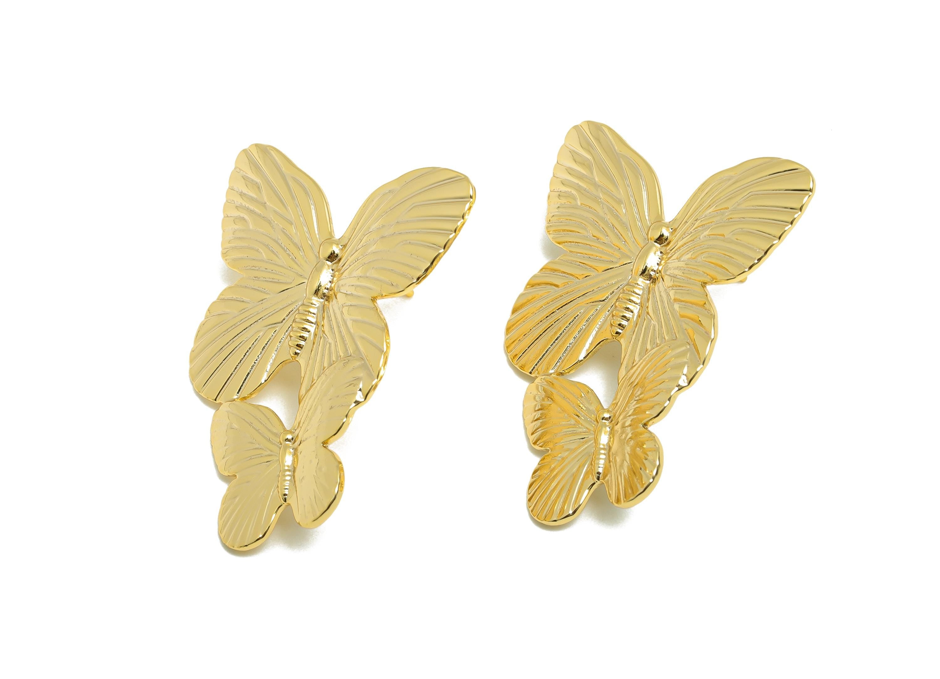 Layered Butterfly Stud Earring - Brass Textured Modern Earring Stud - Gold Nature-Inspired Elegant Butterfly Earring - 40x31x2mm - RGP10091 - DOMEDBAZAAR