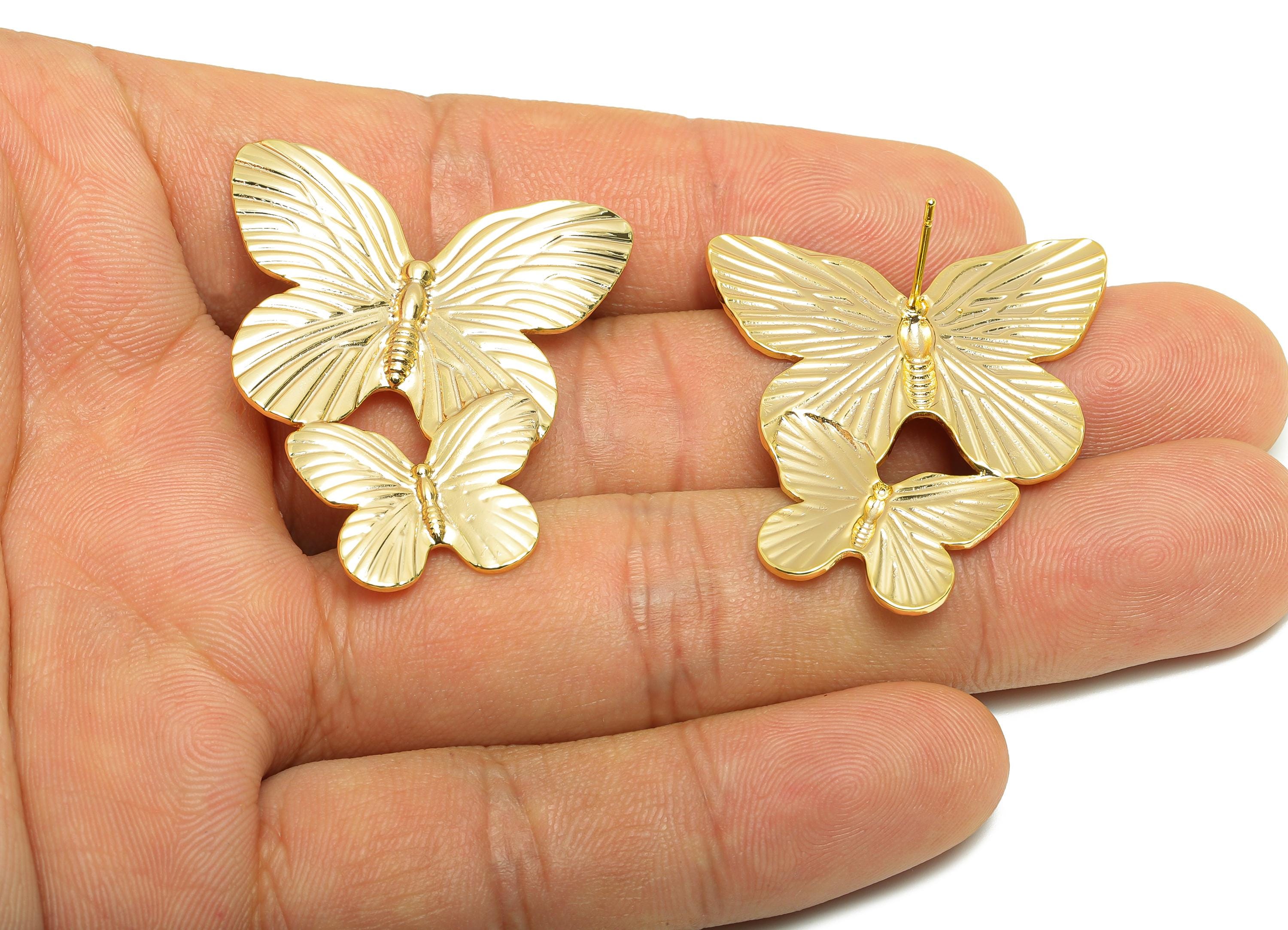 Layered Butterfly Stud Earring - Brass Textured Modern Earring Stud - Gold Nature-Inspired Elegant Butterfly Earring - 40x31x2mm - RGP10091 - DOMEDBAZAAR