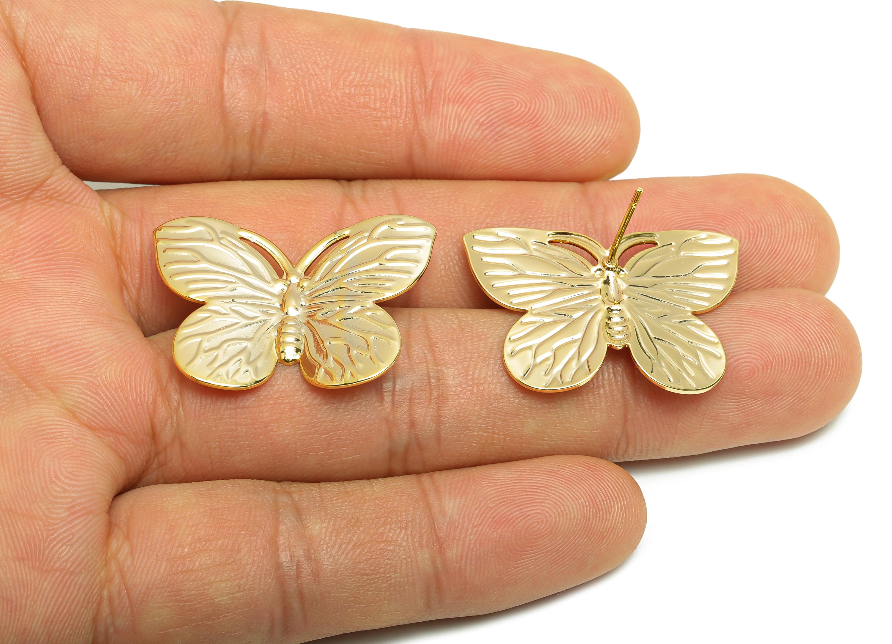 Modern Butterfly Stud Earring - Brass Textured Butterfly Earring Post - Gold Nature-Inspired Elegant  Butterfly Earring - 30x22x3mm-RGP10085 - DOMEDBAZAAR