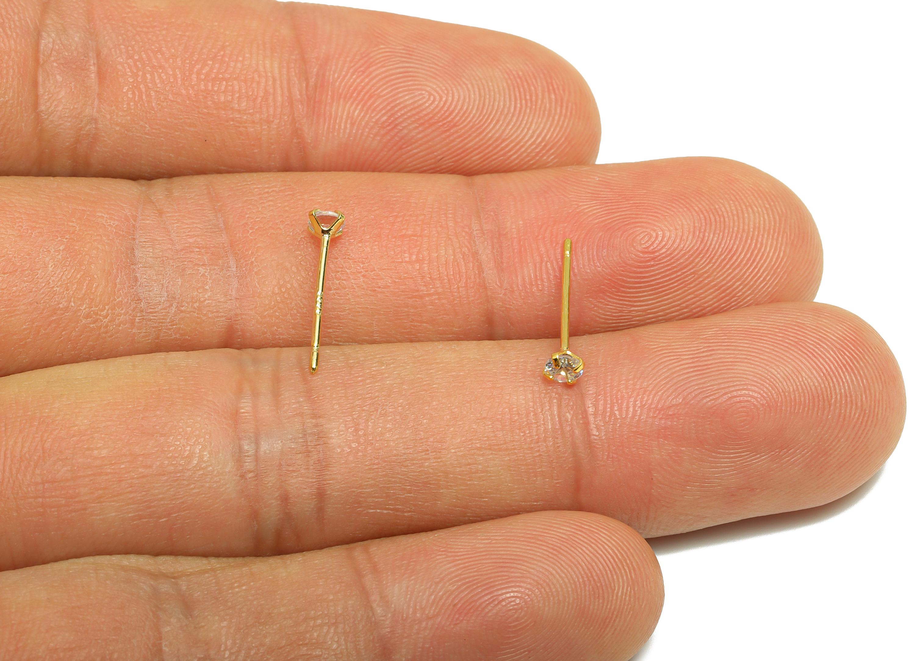 Brass Cut Diamond Earring - Gold Tiny Minimalist Ear Post with 3mm Zircon - Prong Setting Ear - 18K Real Gold Plated-14.3x3x2.9mm- RGP8939-3 - DOMEDBAZAAR