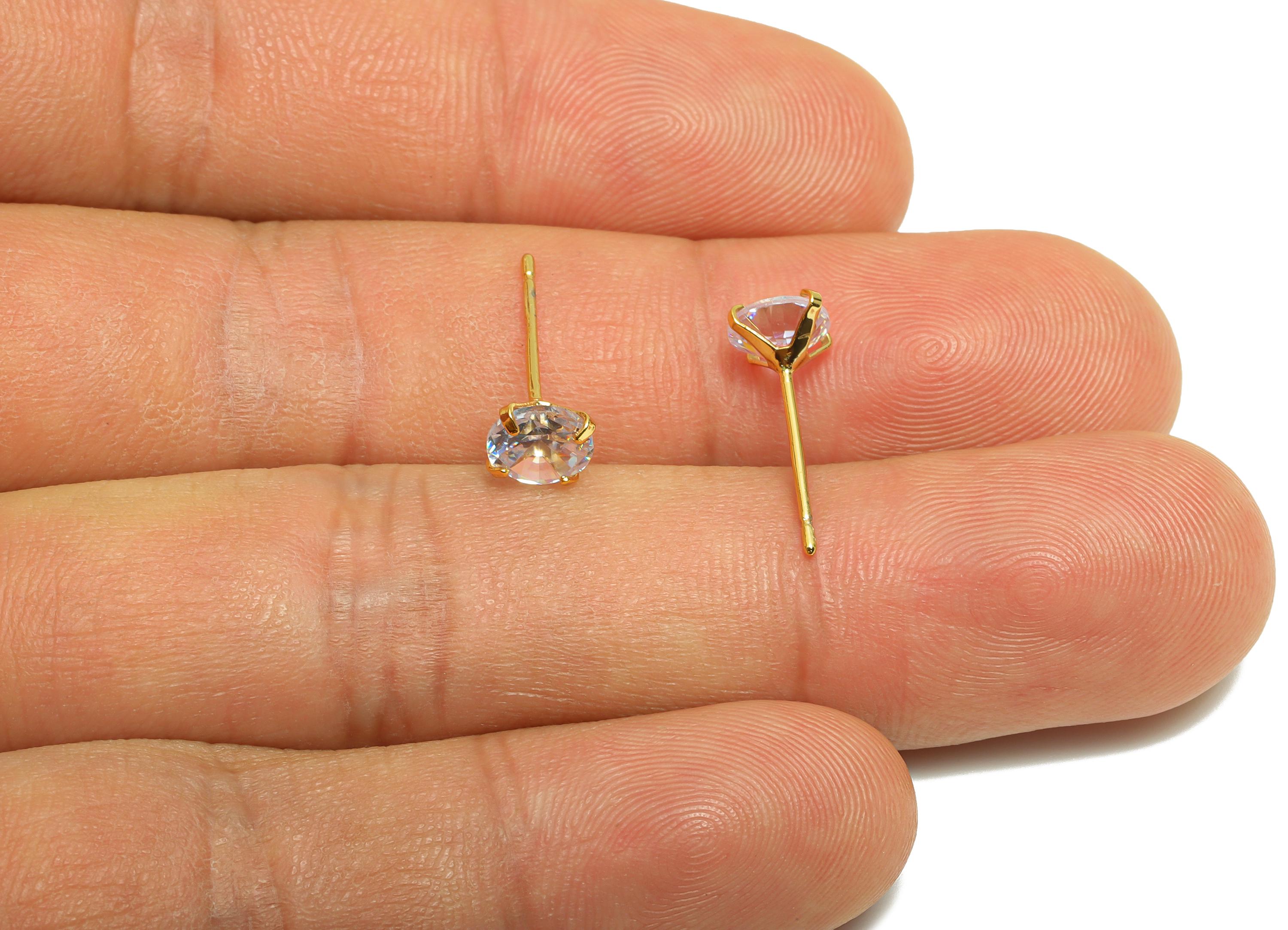 Brass Cut Diamond Earring - Gold Minimalist Ear Post with 6mm Zircon - Prong Setting Earring - 18K Real Gold Plated - 16x6x3.5mm- RGP8939-6 - DOMEDBAZAAR