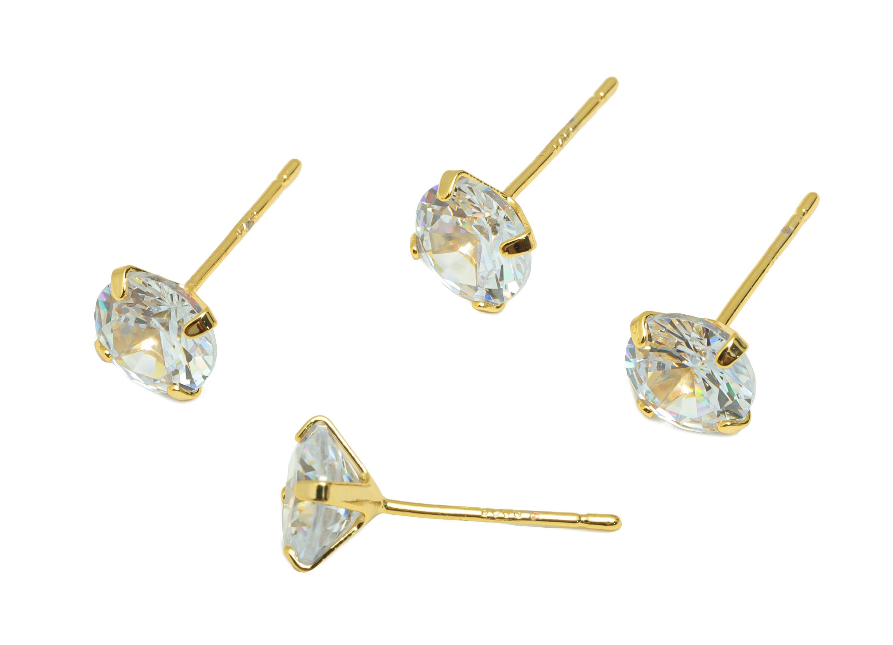 Brass Cut Diamond Earring - Gold Minimalist Ear Post with 7mm Zircon - Prong Setting Earring - 18K Real Gold Plated-16.4x7x4.8mm- RGP8939-7 - DOMEDBAZAAR