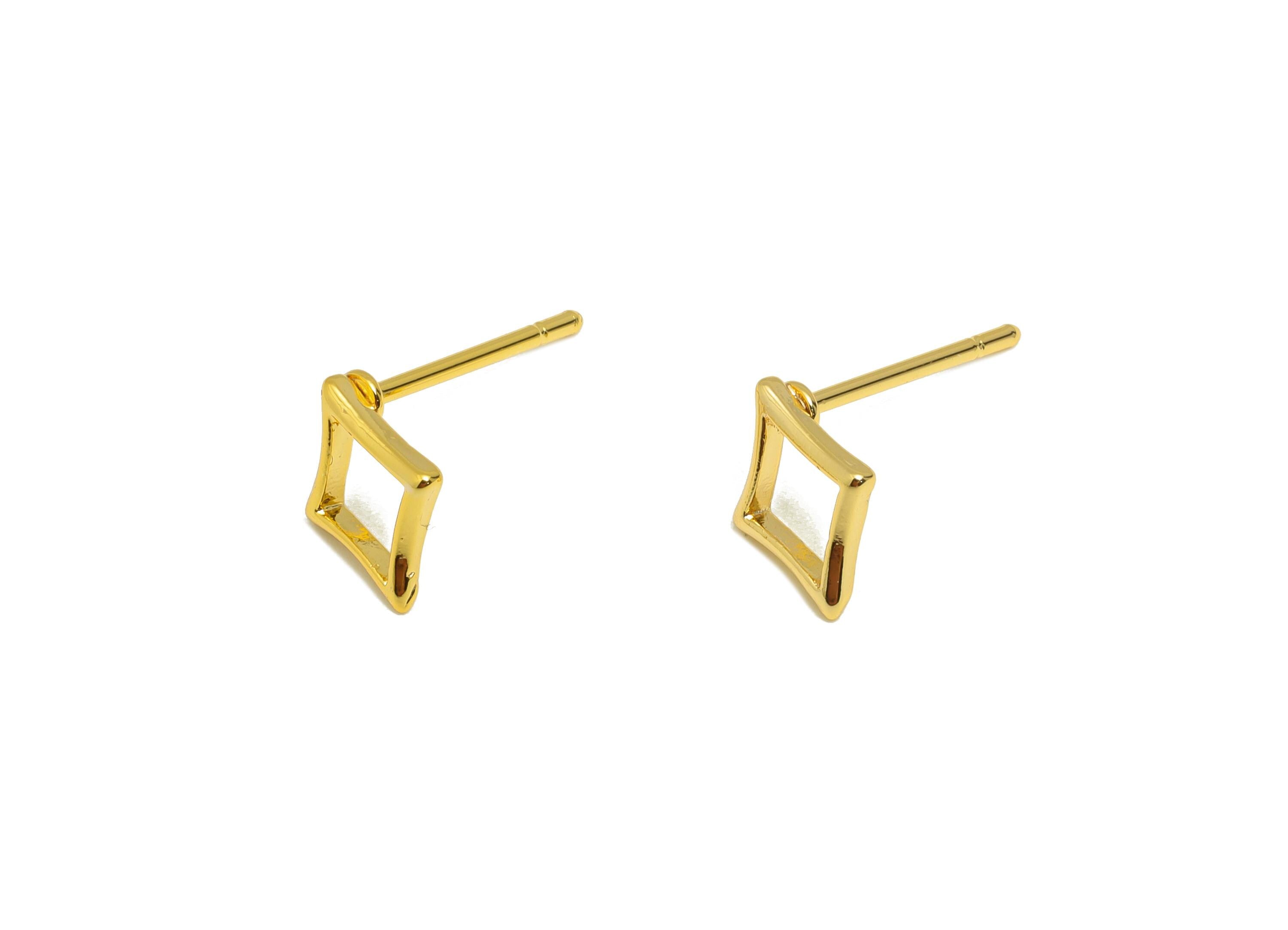 Brass Rhombic Earring Stud - Gold Tiny Geometric Ear Post for Girls - Daily Wear Earring - 18K Real Gold Plating - 8.56x8.56x1.07mm- RGP8942 - DOMEDBAZAAR