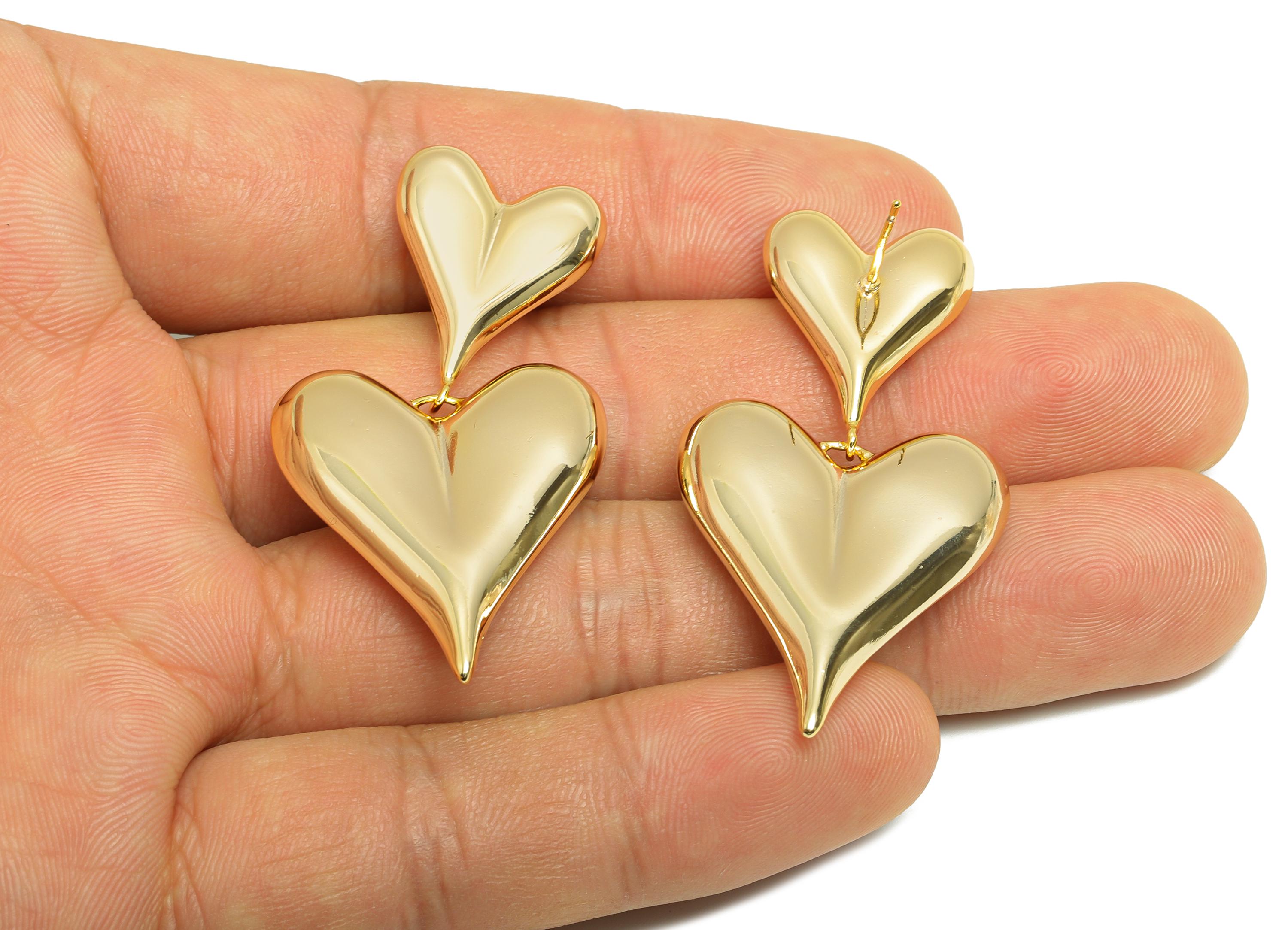 Dangle Heart Stud Earring - Chic Brass Bold Double Heart Dangle Earring - Trendy Earring Post - Artistic Earring - 49x25x6mm - RGP10108 - DOMEDBAZAAR