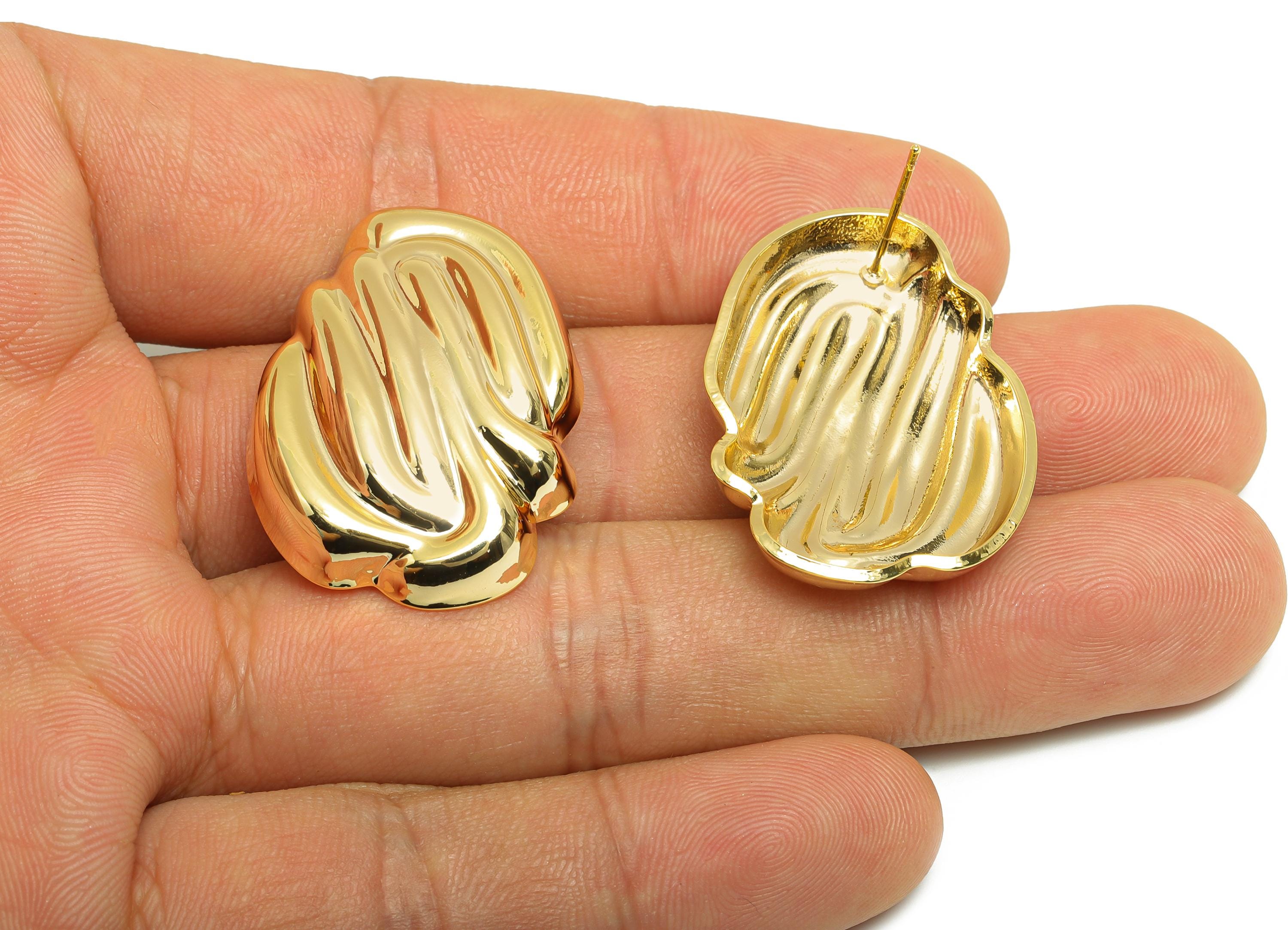 Bold Textured Earring - Brass Abstract Sculpted Earring - Elegant Rippled Earring - Unique Earring Post -  Gold Jewelry - 33x24x6mm-RGP10043 - DOMEDBAZAAR