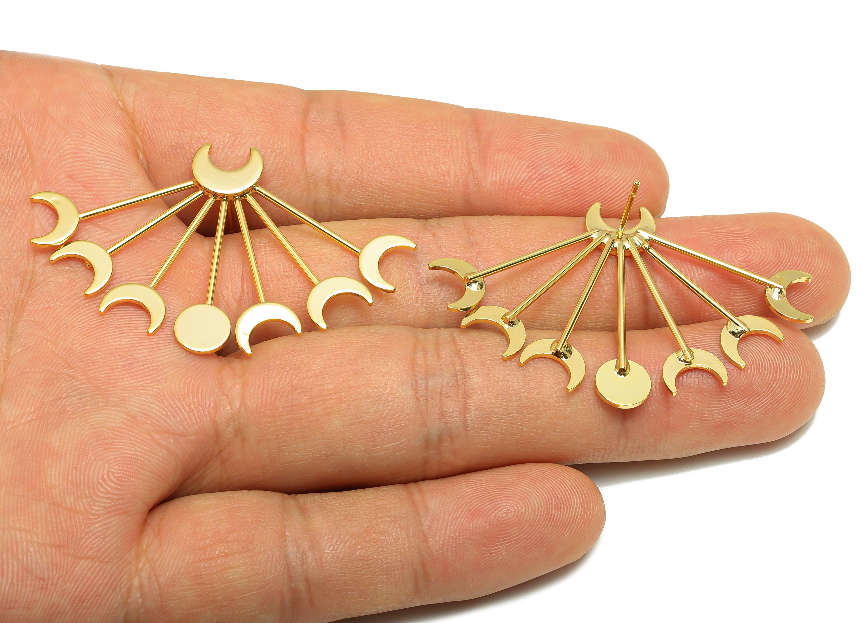 Brass Fringe Earring - Moon Round Fringe Ear Stud for Women - Gold Crescent Earring Post - 18K Real Gold Plating-48.88x31.27x2.06mm- RGP8949 - DOMEDBAZAAR
