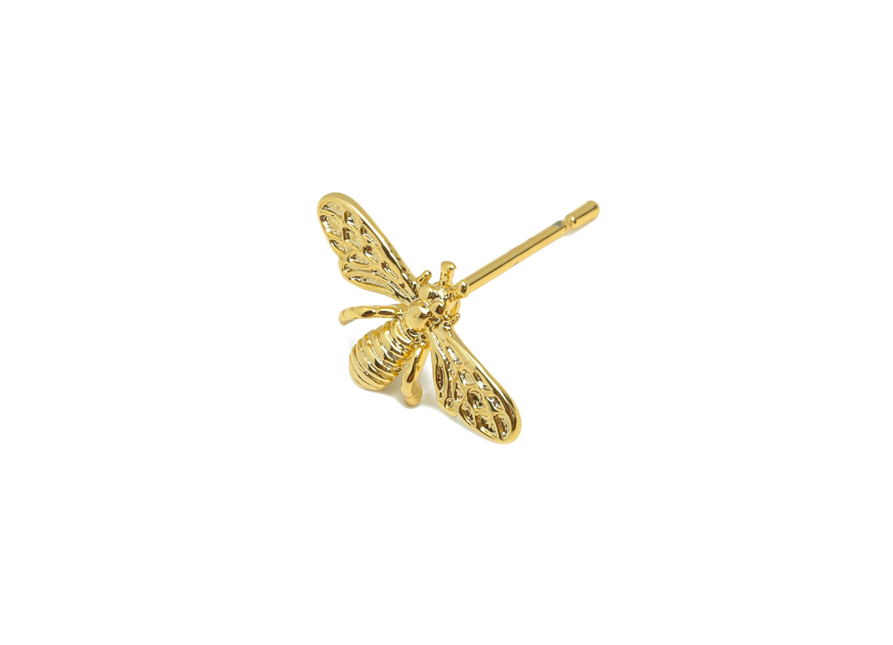Brass Tiny Bee Earring - Gold Geometric Ear Post for Girls - Animal Daily Wear Earring - 18K Real Gold Plating - 15.71x16.19x1.59mm- RGP8950 - DOMEDBAZAAR