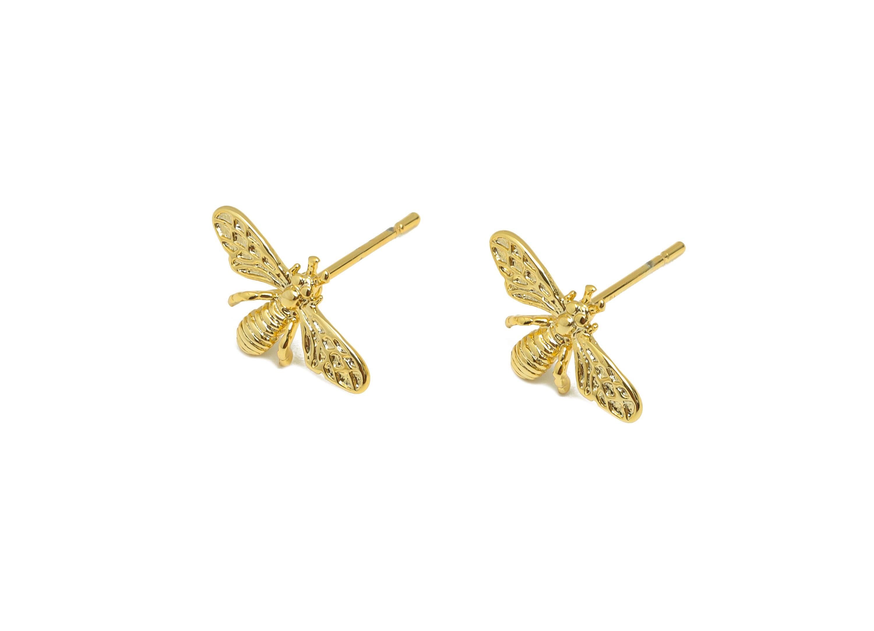 Brass Tiny Bee Earring - Gold Geometric Ear Post for Girls - Animal Daily Wear Earring - 18K Real Gold Plating - 15.71x16.19x1.59mm- RGP8950 - DOMEDBAZAAR