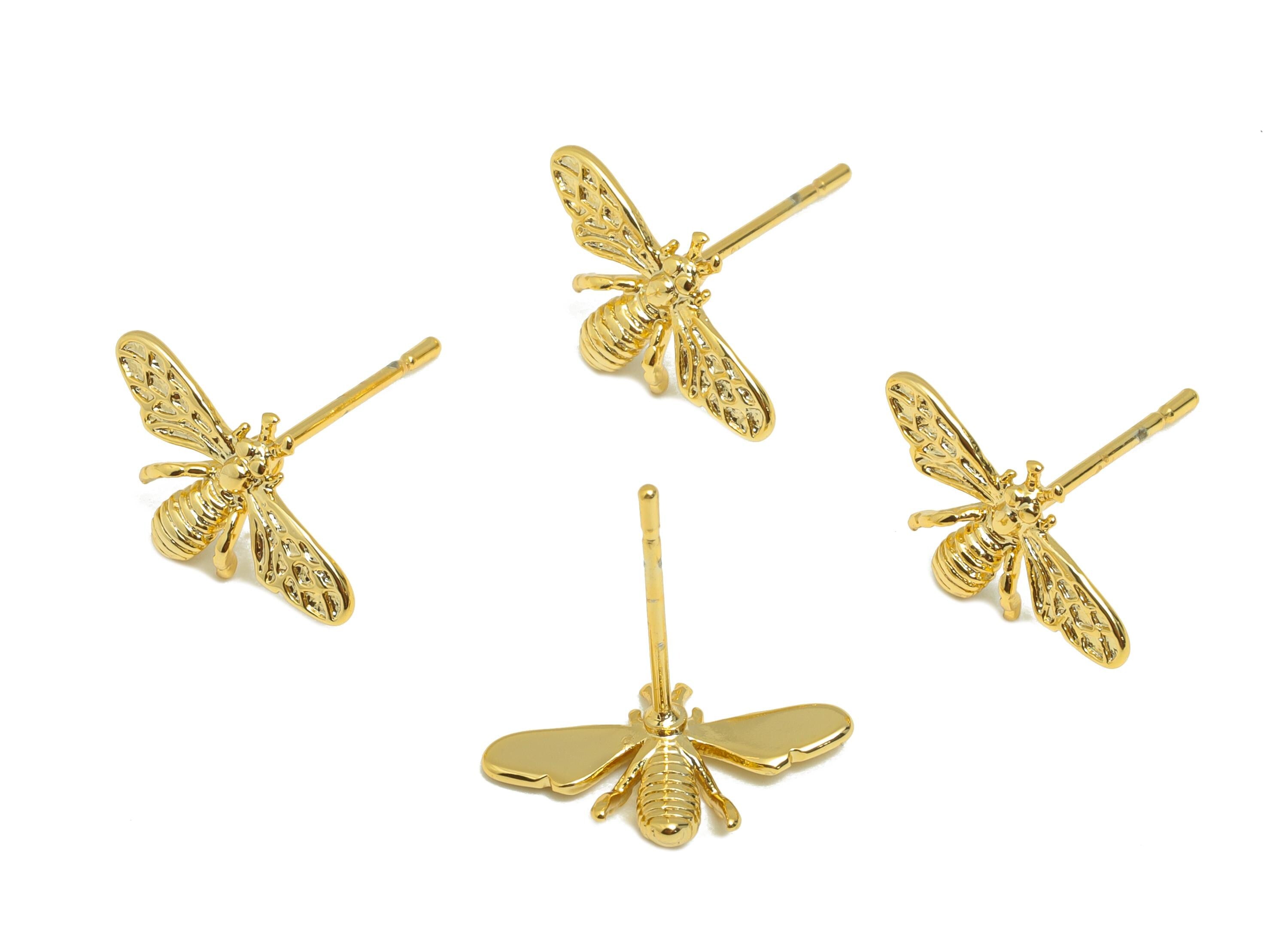 Brass Tiny Bee Earring - Gold Geometric Ear Post for Girls - Animal Daily Wear Earring - 18K Real Gold Plating - 15.71x16.19x1.59mm- RGP8950 - DOMEDBAZAAR