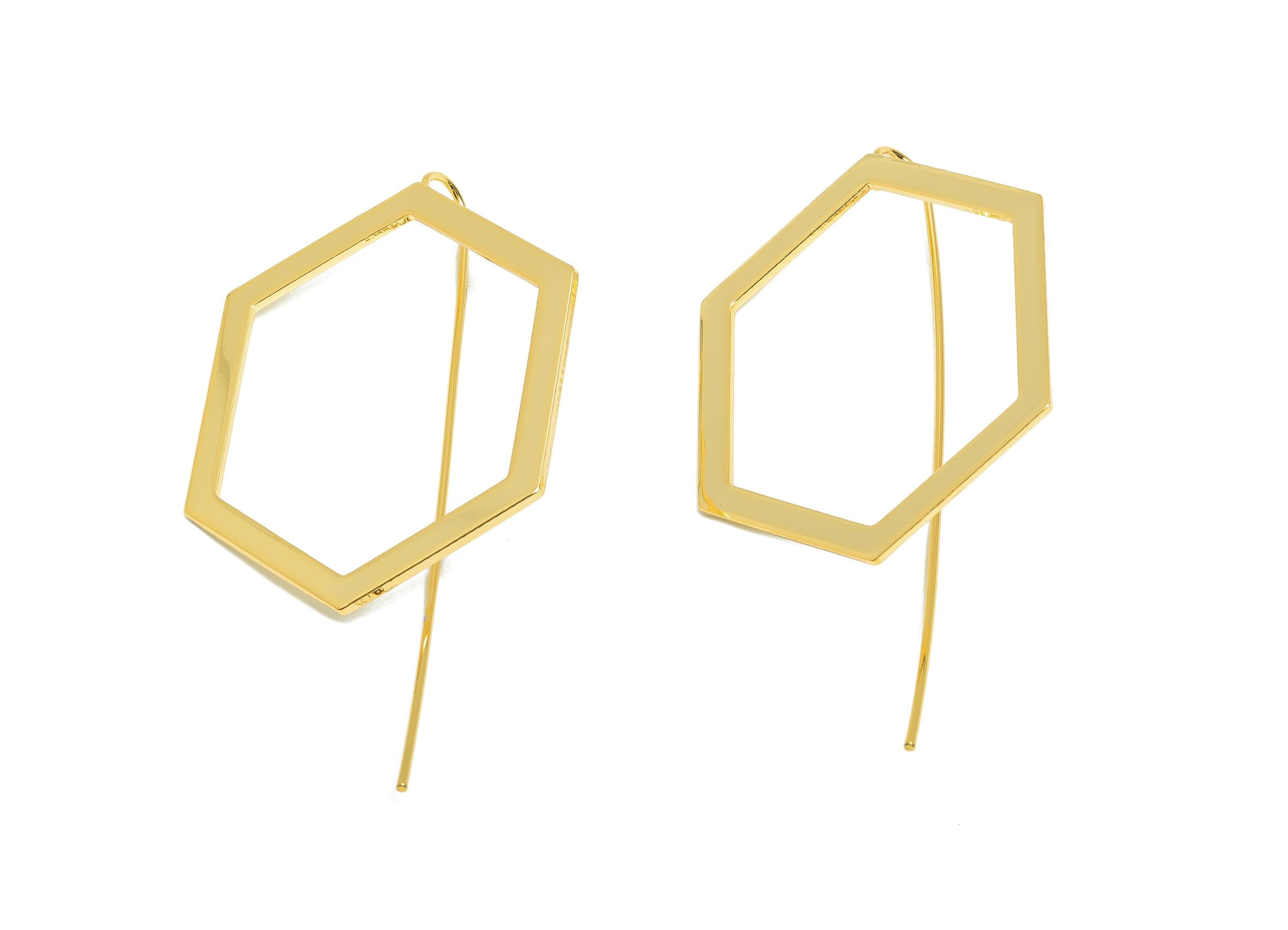 Brass Hexagon Earring - Gold Minimalist Earring Wire for Woman&#39;s - Geometry Hexagon Ear Wire - 18K Real Gold Plating - 56x29x1mm - RGP8953 - DOMEDBAZAAR