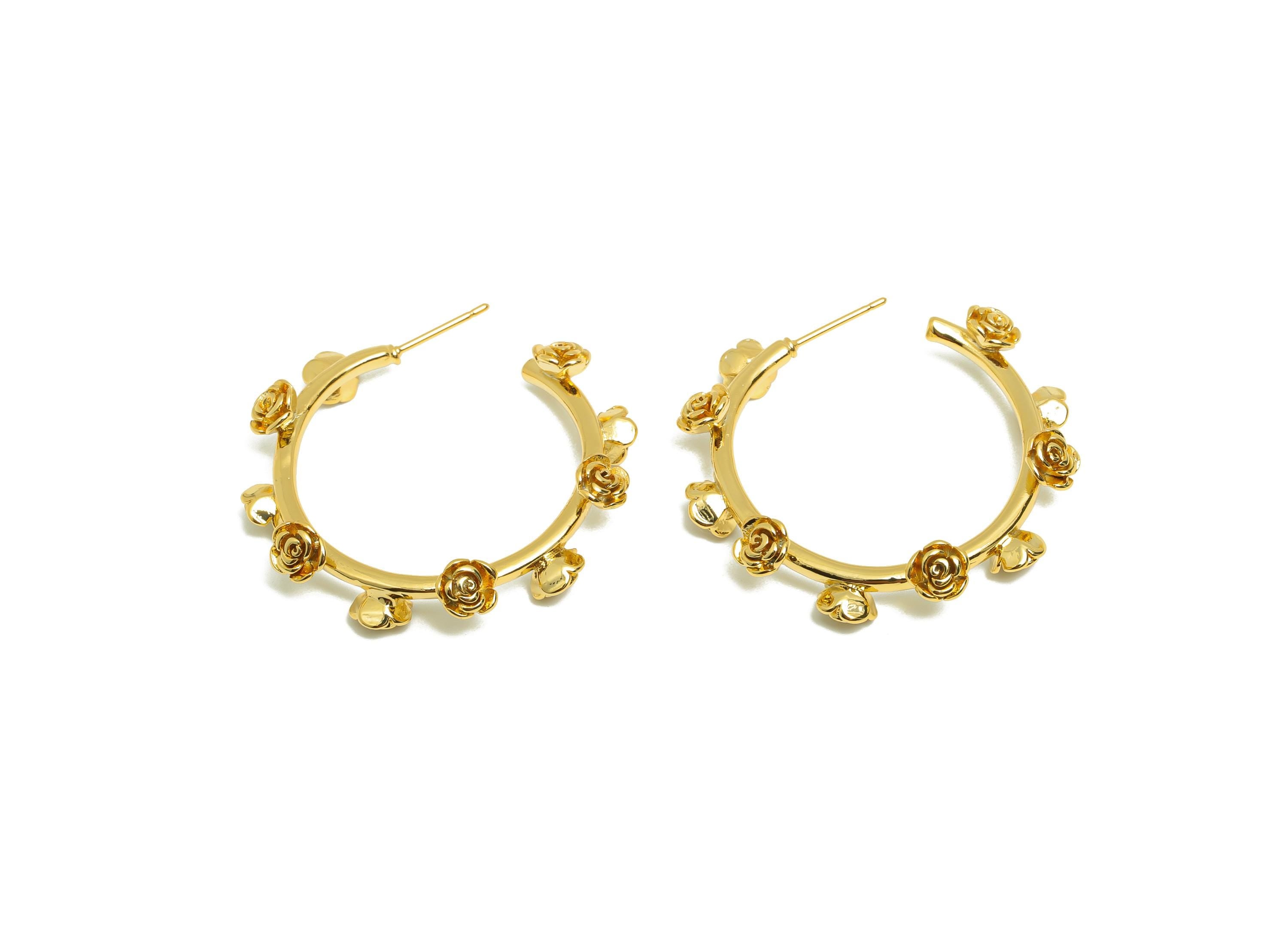 Brass Circle Flower Earring - Gold C Hoop Rose Earring Post - Flower Daily Wear Ear Stud - 18K Real Gold Plated -35.65x35.65x5.16mm -RGP8957 - DOMEDBAZAAR