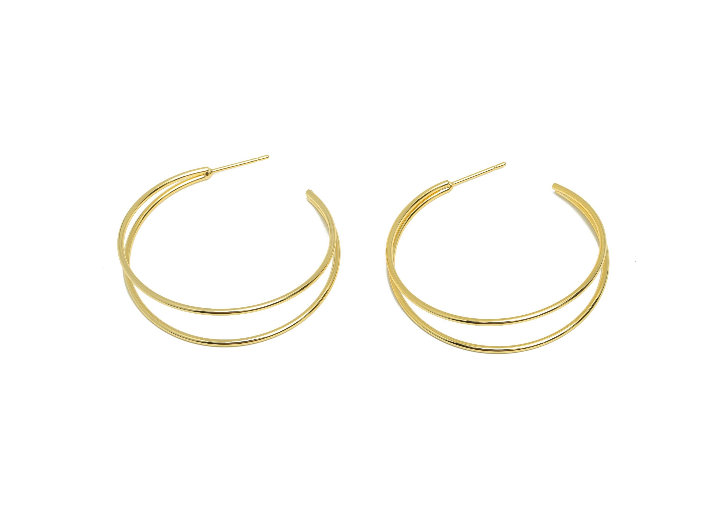 Brass Circle Earring Stud - Gold C Hoop Earring Post - Double-Layered Daily Wear Earring - 18K Real Gold Plated -39.34x6.29x1.28mm - RGP8960 - DOMEDBAZAAR